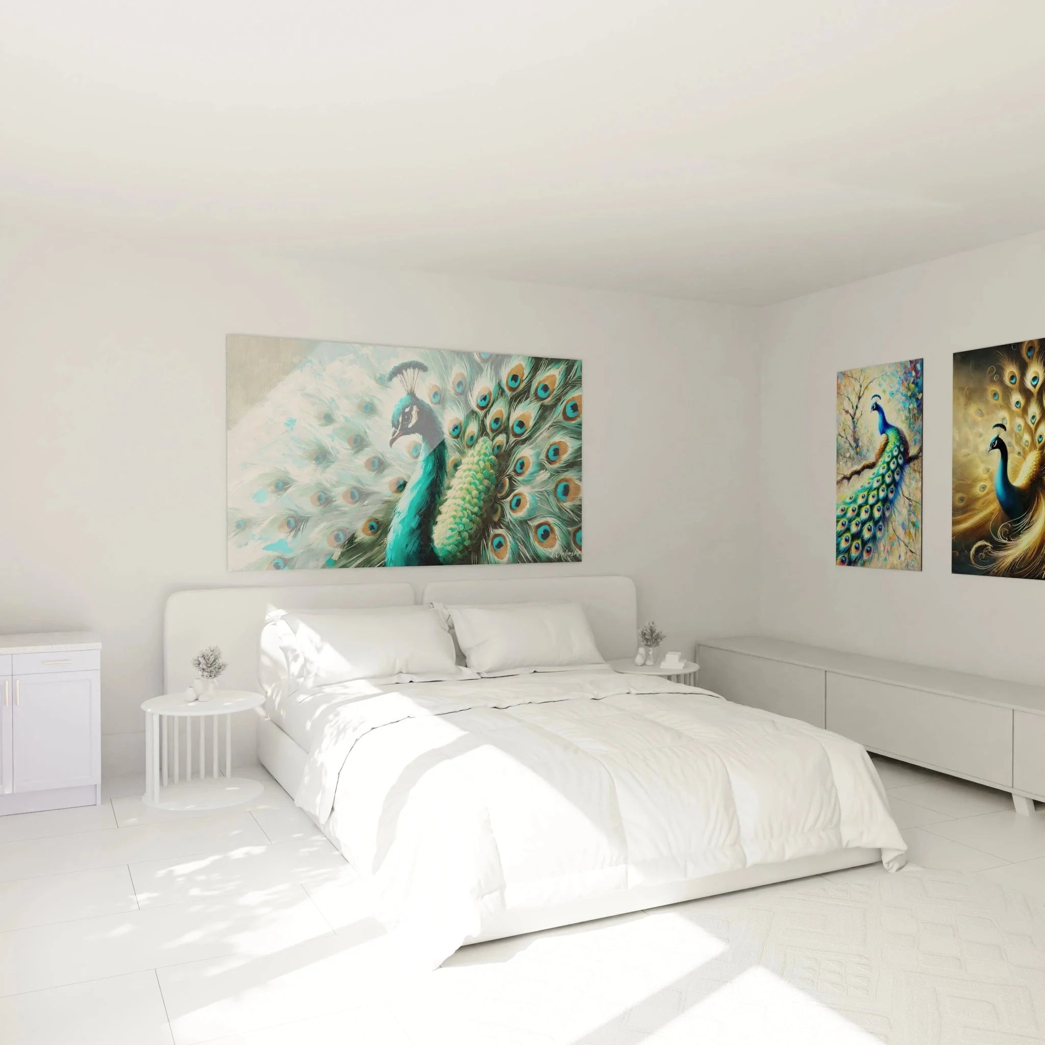 Pfauen Wandbild XXL in Schlafzimmer Ambiente mit türkis-blauen Pfauenfedern