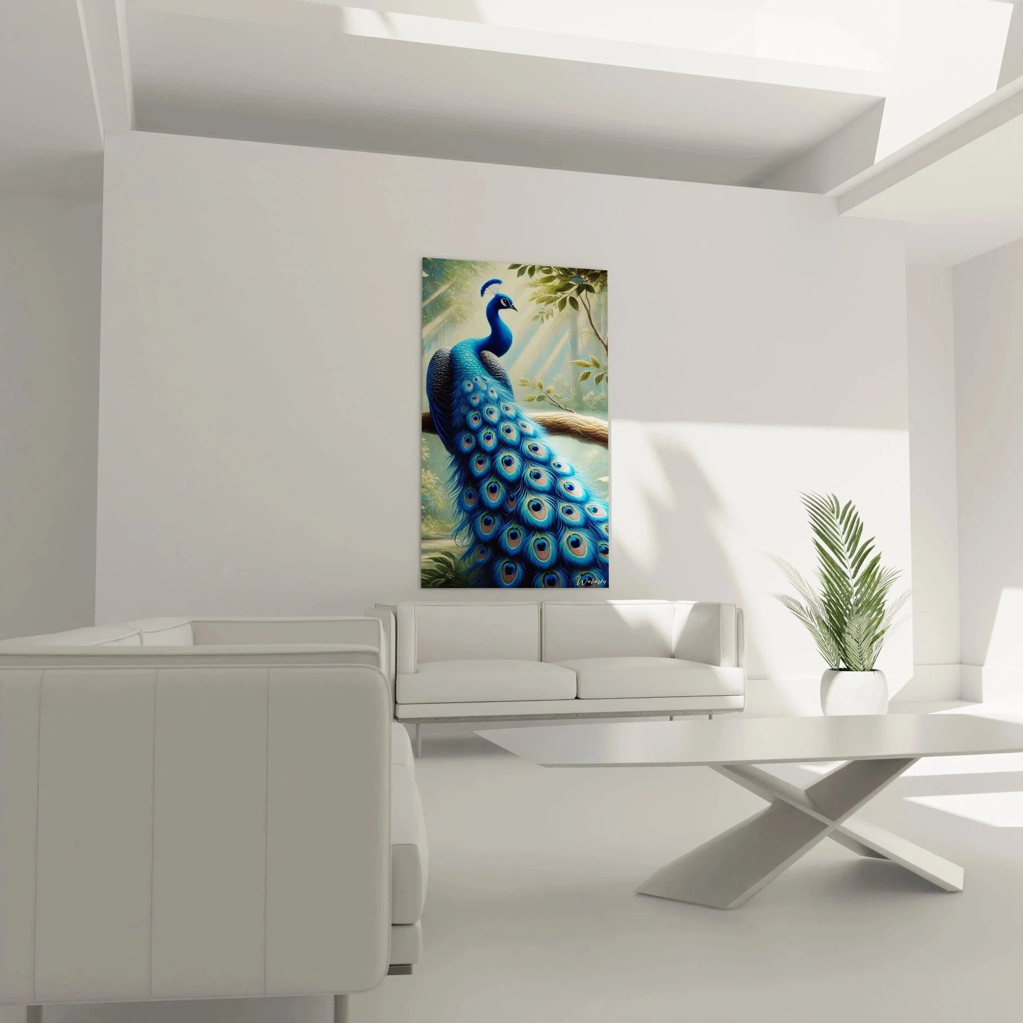 Detailaufnahme Pfauenfedern Wandbild - leuchtende Augen und blaue Federpracht in Nahansicht