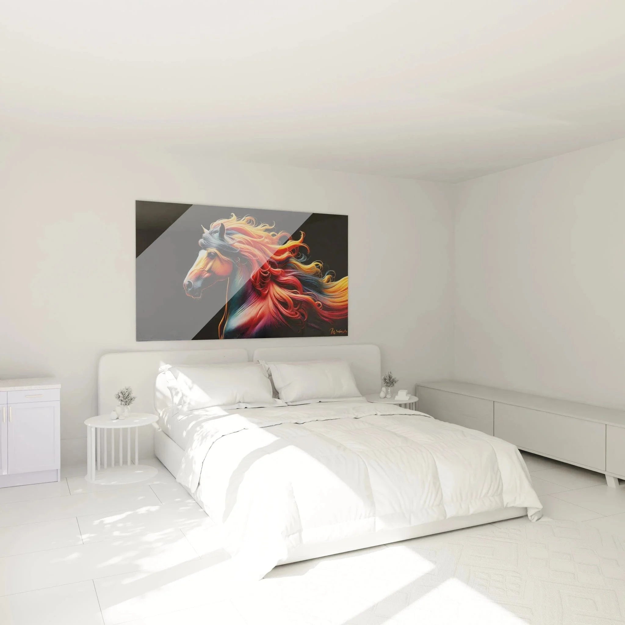 Wandbild Pferd Feuermähne als stilvolle Wanddeko im Schlafzimmer - moderne Pferdekunst