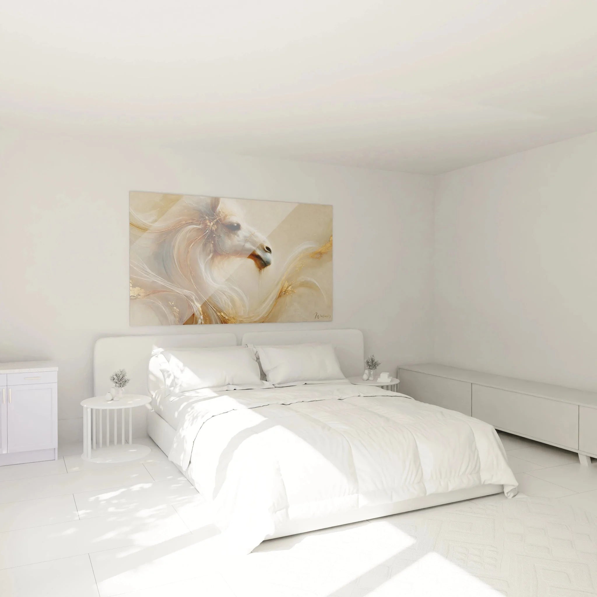 Wandbild Pferd Golden in modernem Schlafzimmer - stilvolle Wanddeko mit warmen Farbtönen