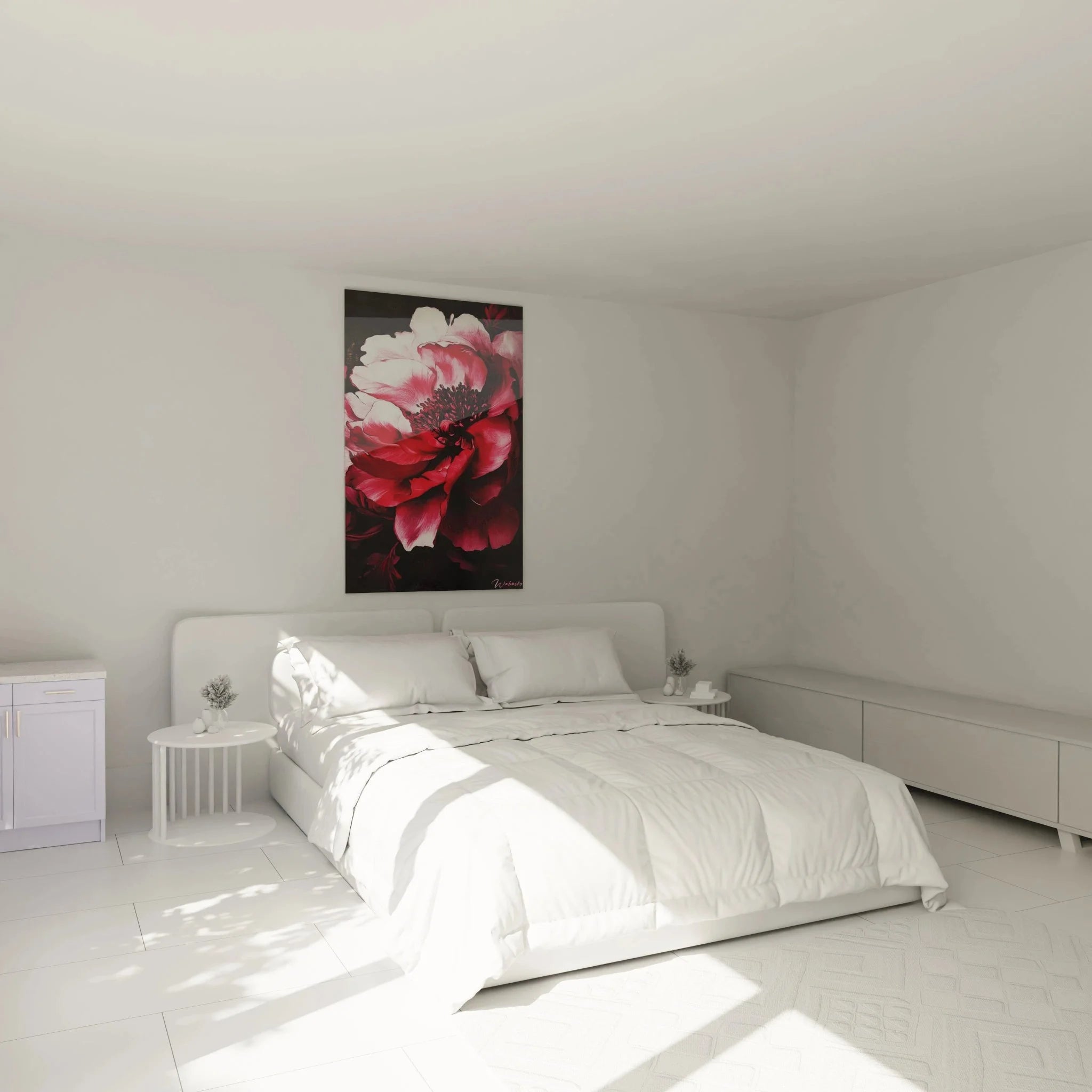 Pfingstrose Wandbild XXL in Schlafzimmer Ambiente mit rosa-weißer Blütenpracht