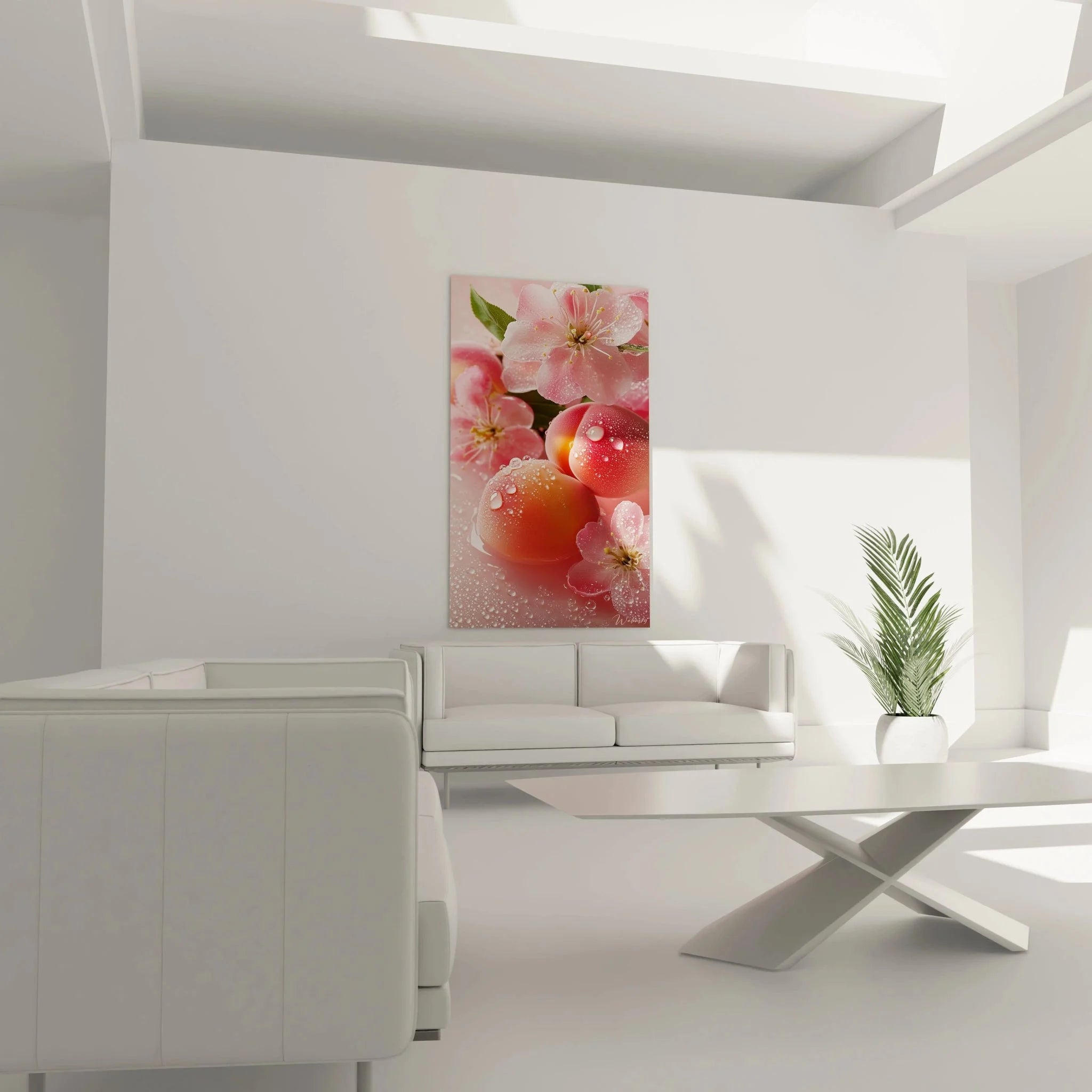 Detailaufnahme der Pfirsich Wandkunst zeigt realistische Wassertropfen und zarte Blütenstrukturen
