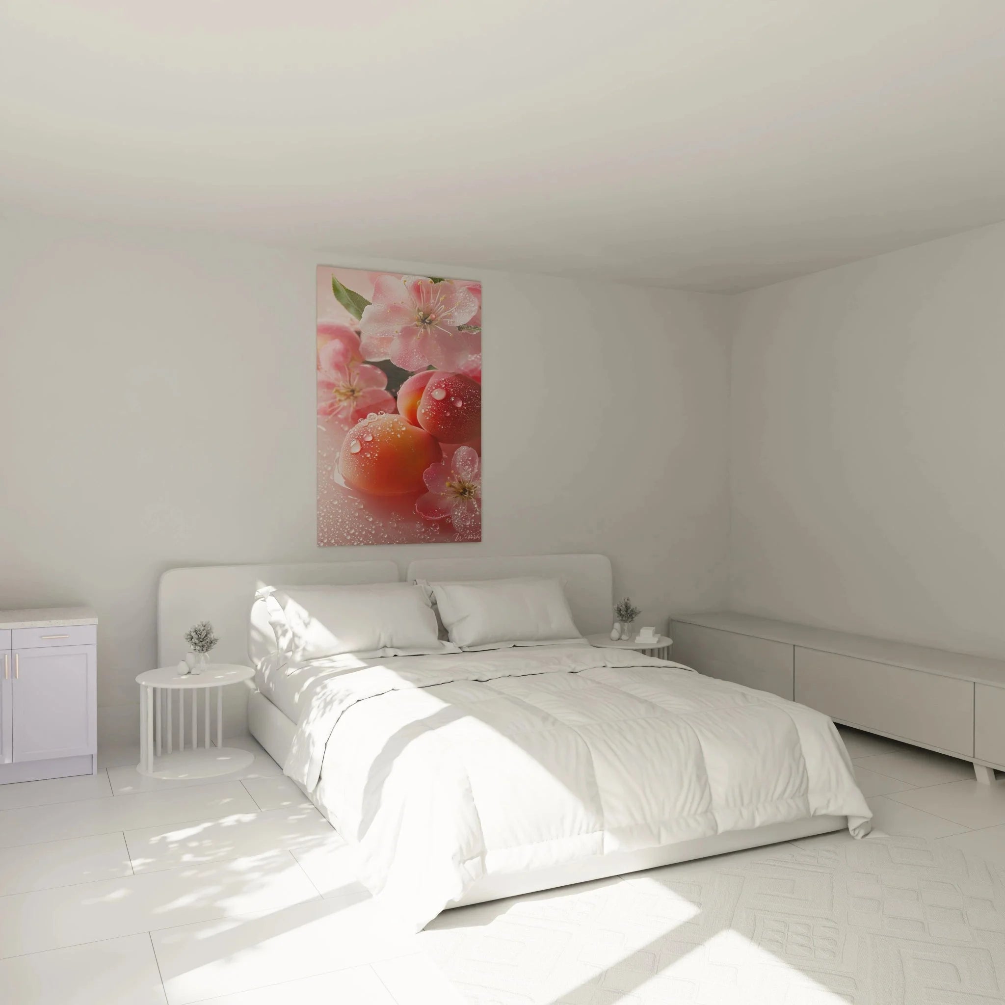 Pfirsich Wandbild mit Blüten als elegante Schlafzimmer Dekoration im modernen Ambiente