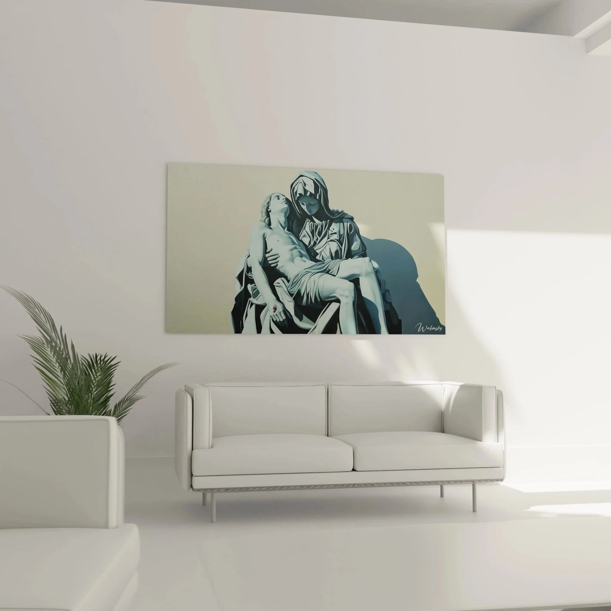 Detailansicht des modernen Pietà Wandbildes mit künstlerischer Farbgebung und emotionaler Darstellung