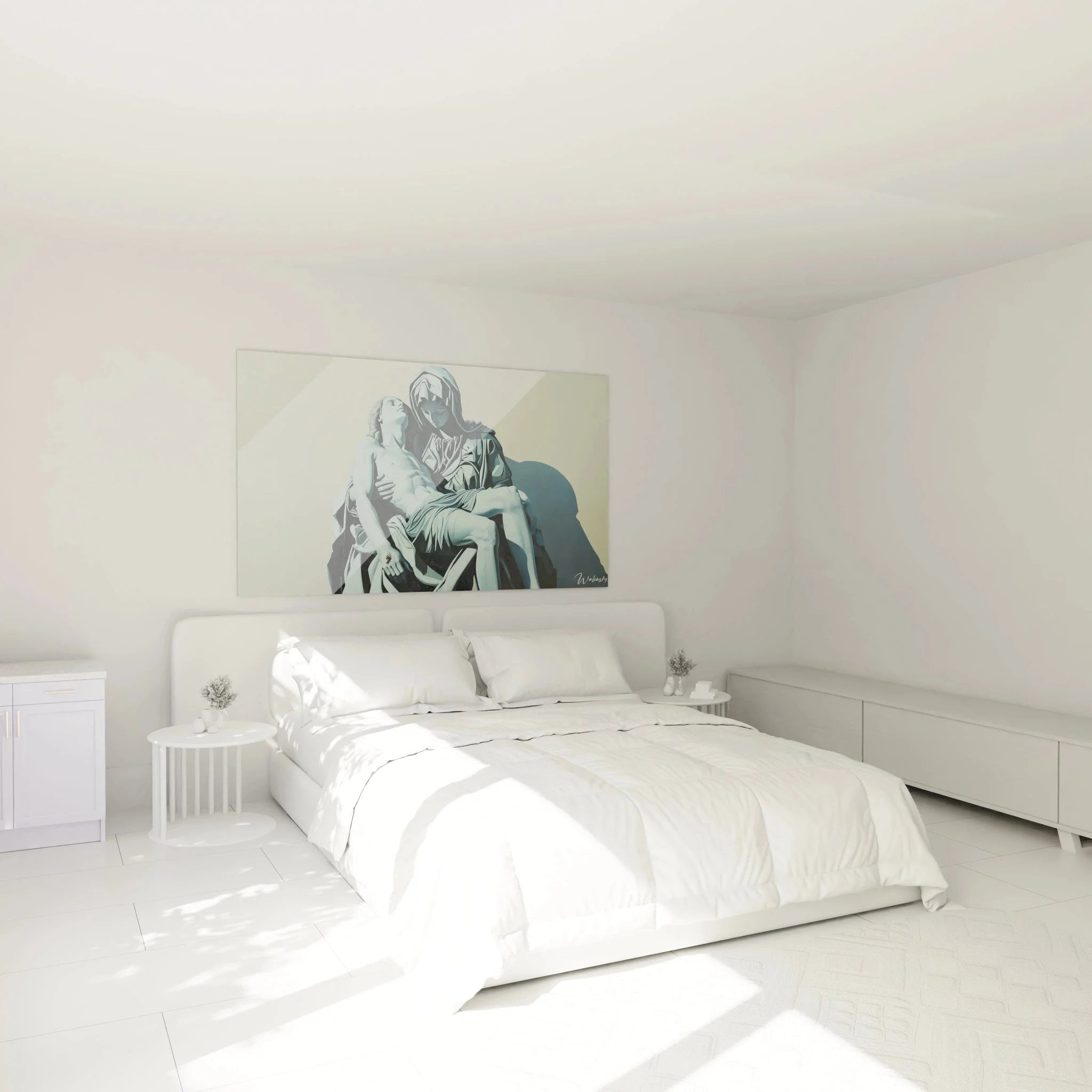 Pietà Wandbild in modernem Schlafzimmer-Ambiente als stilvolle religiöse Wanddekoration