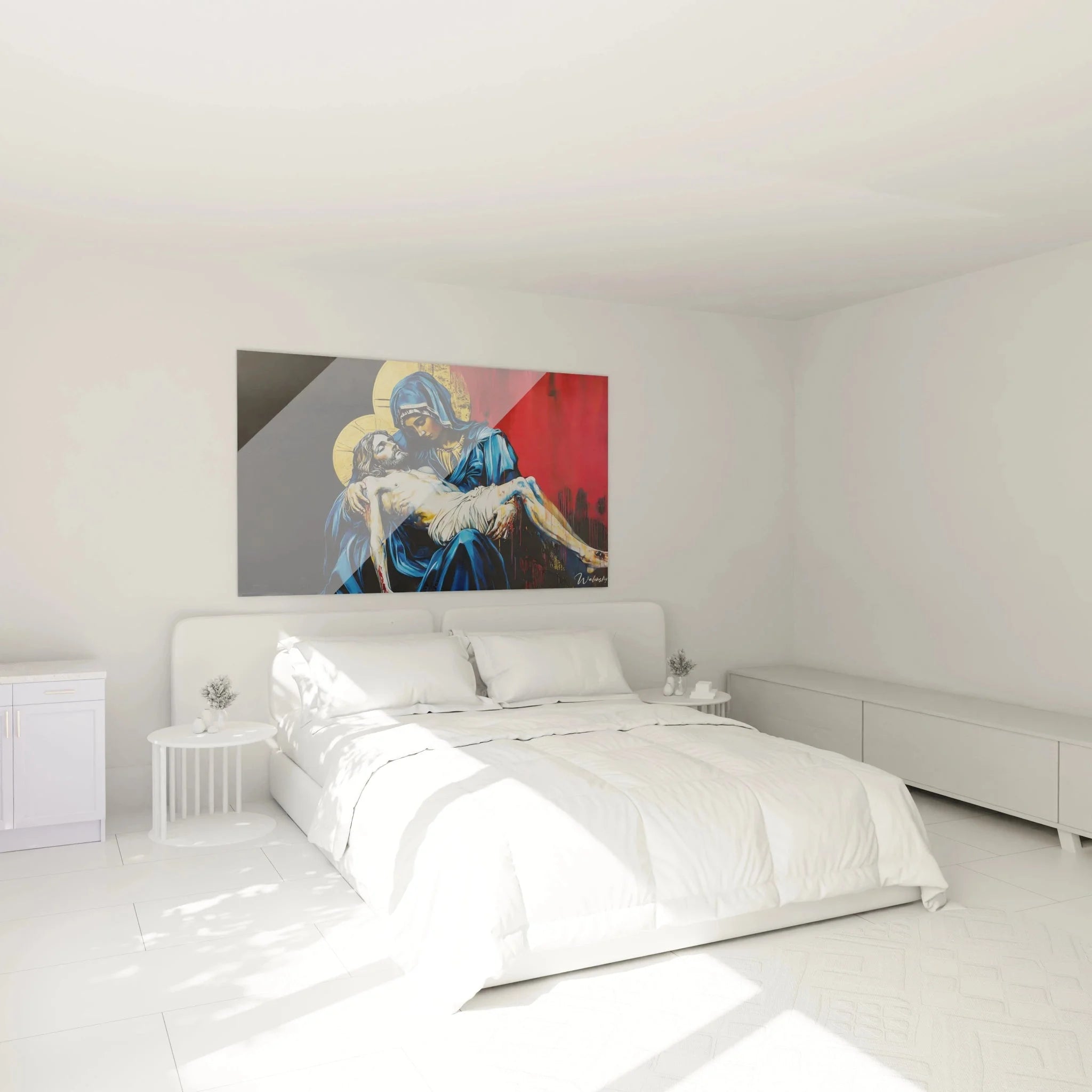 Religiöses Wandbild Pietà als Wanddekoration im Schlafzimmer mit spiritueller Ausstrahlung