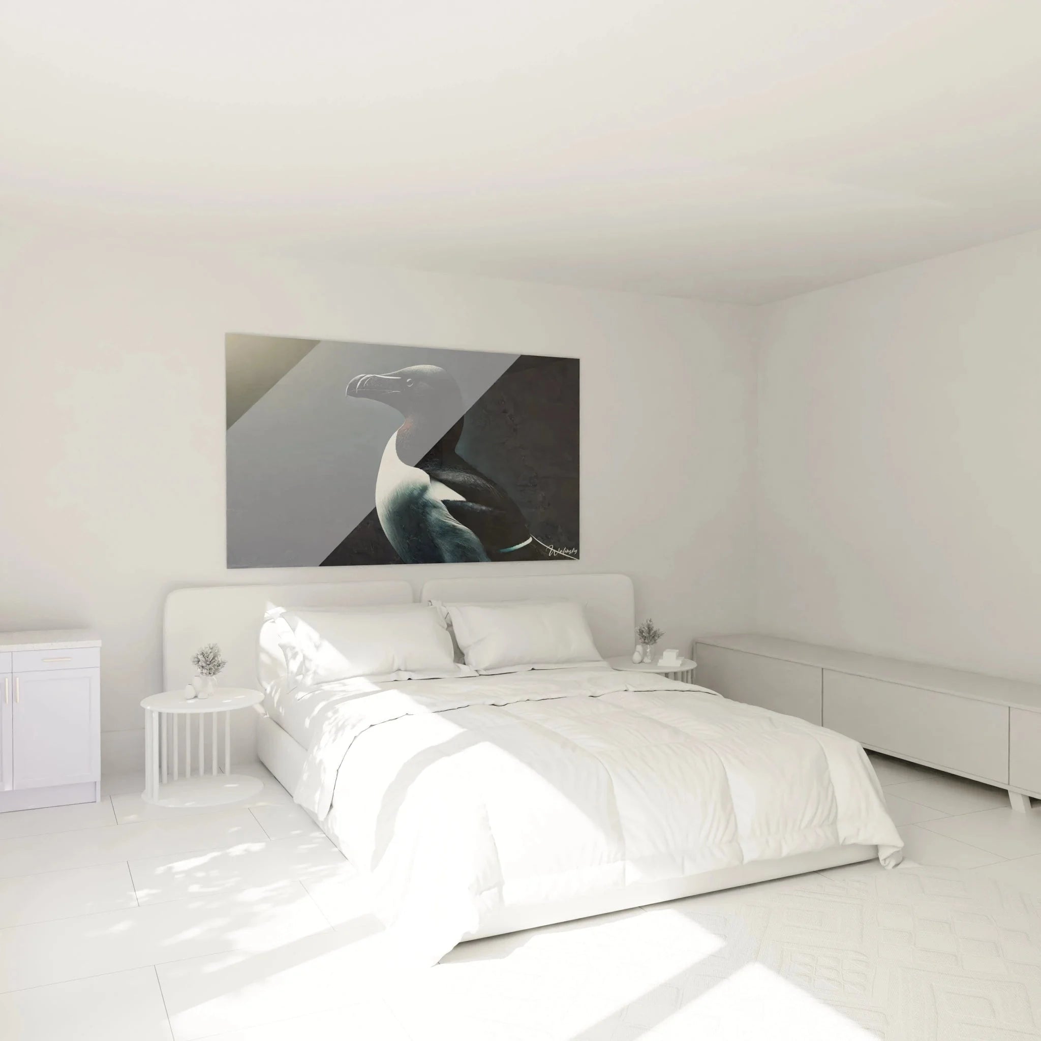Wandbild XXL Pinguin als stilvolle Schlafzimmer Dekoration in monochromem Design