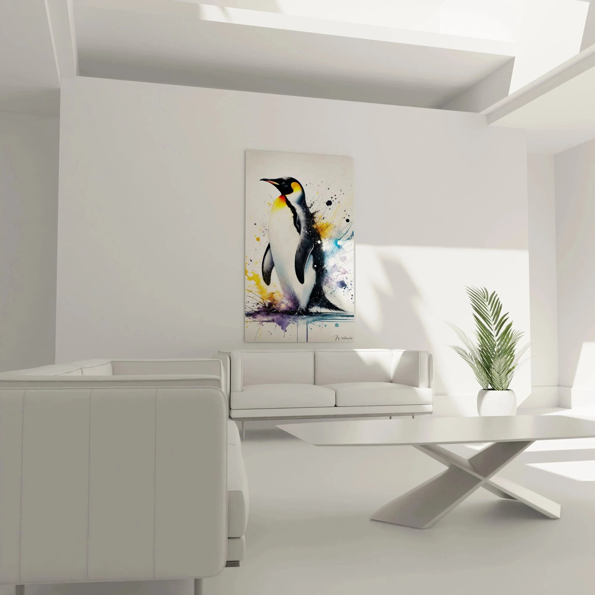 Pinguin Wandkunst Nahaufnahme Farbdetails Orange Hals Aquarell Spritzer Effekt modern