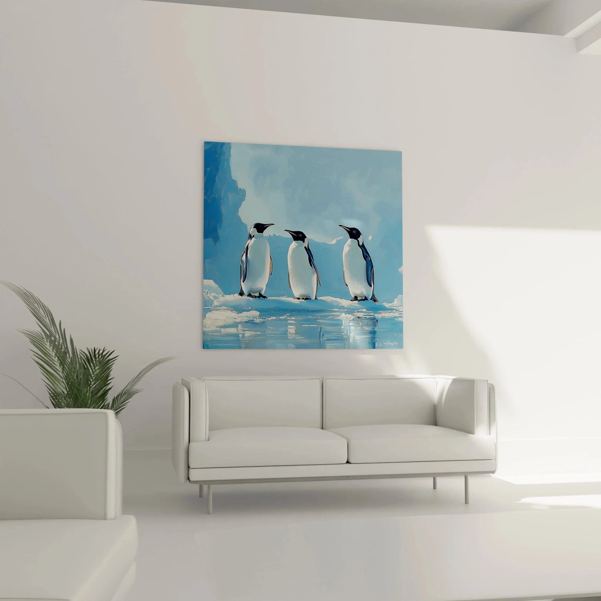 Detailaufnahme Wandbild Pinguine Eisscholle zeigt realistische Darstellung der schwarz-weißen Antarktis Vögel