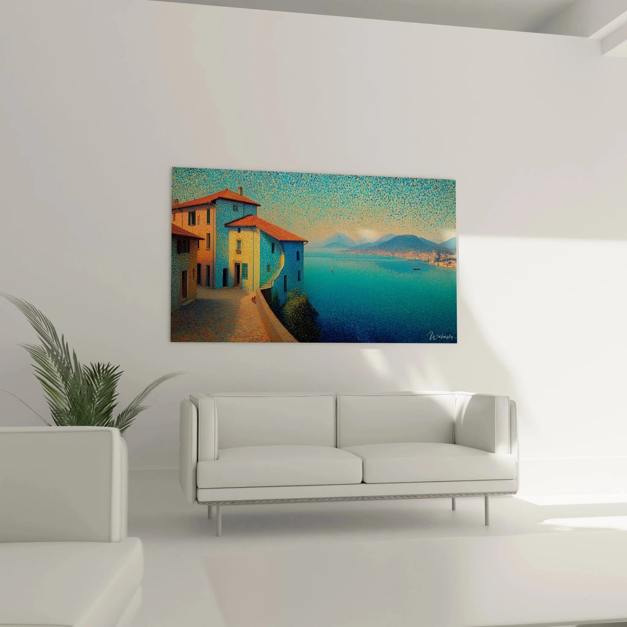 Detailansicht pointillistische Maltechnik Wandbild mit farbigen Punkten und mediterranen Häusern