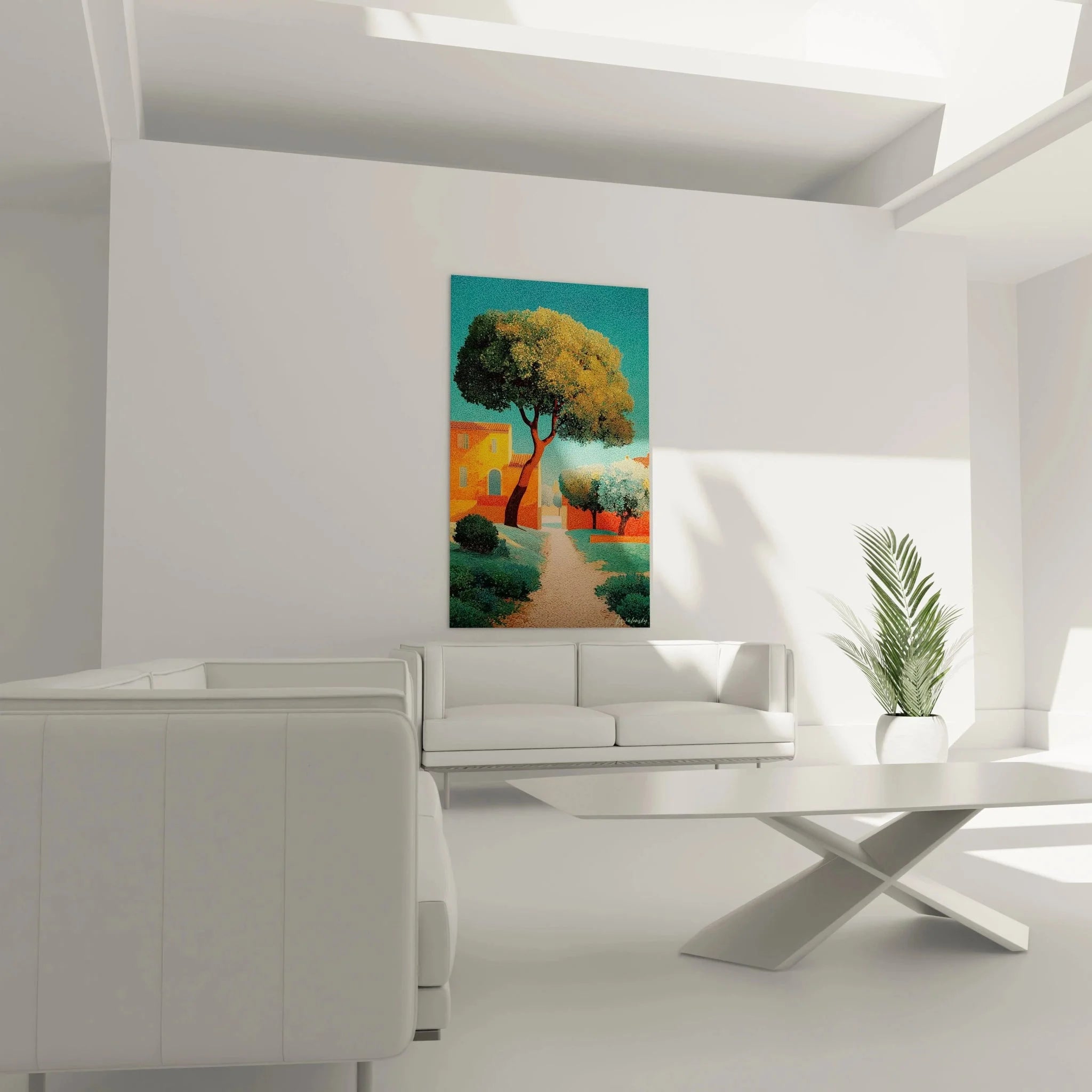 Detailansicht pointillistische Maltechnik mediterranes Wandbild mit charakteristischen Farbpunkten