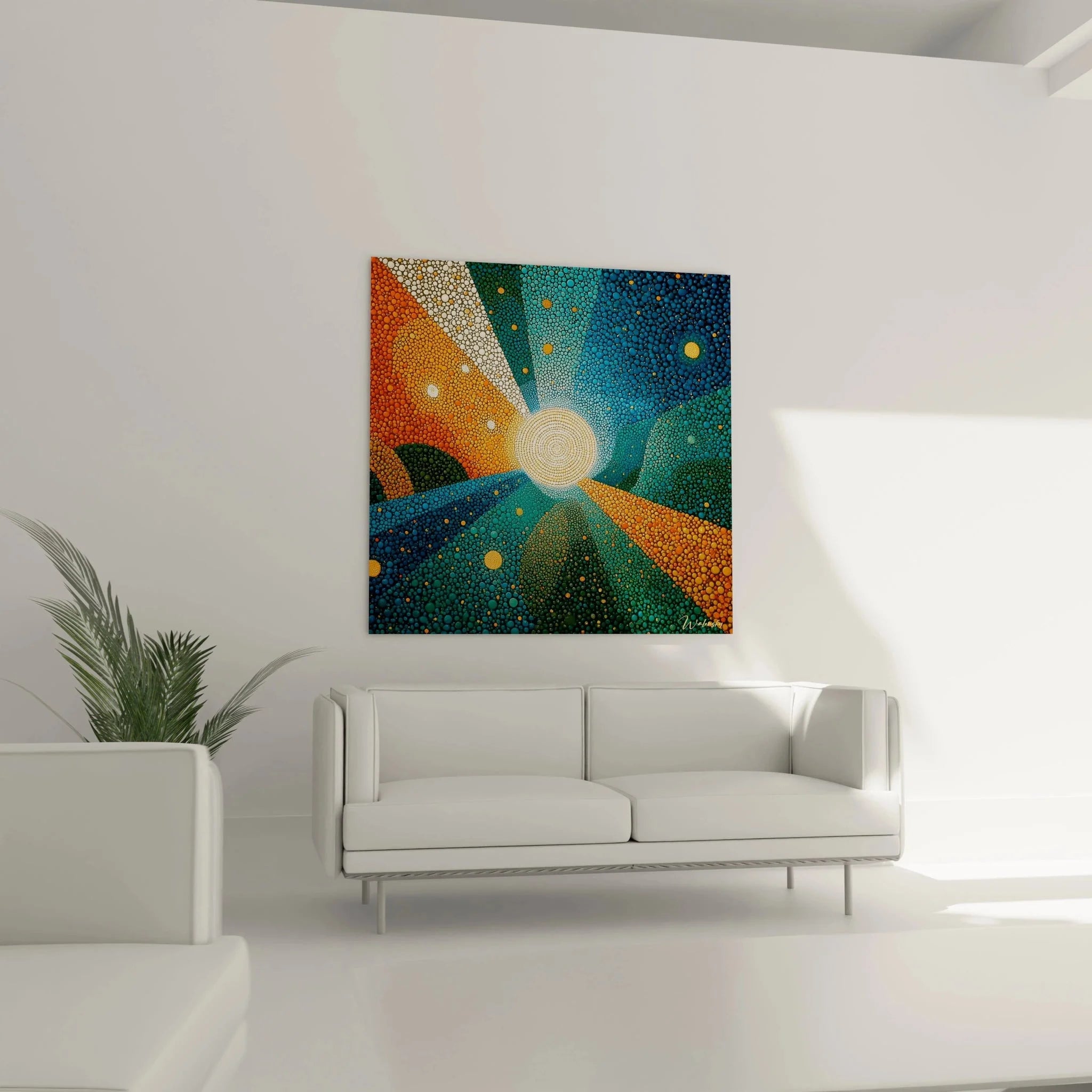 Detailaufnahme Wandbild Pointillismus Sonne - präzise Punkte in Gold Orange Blau Farben