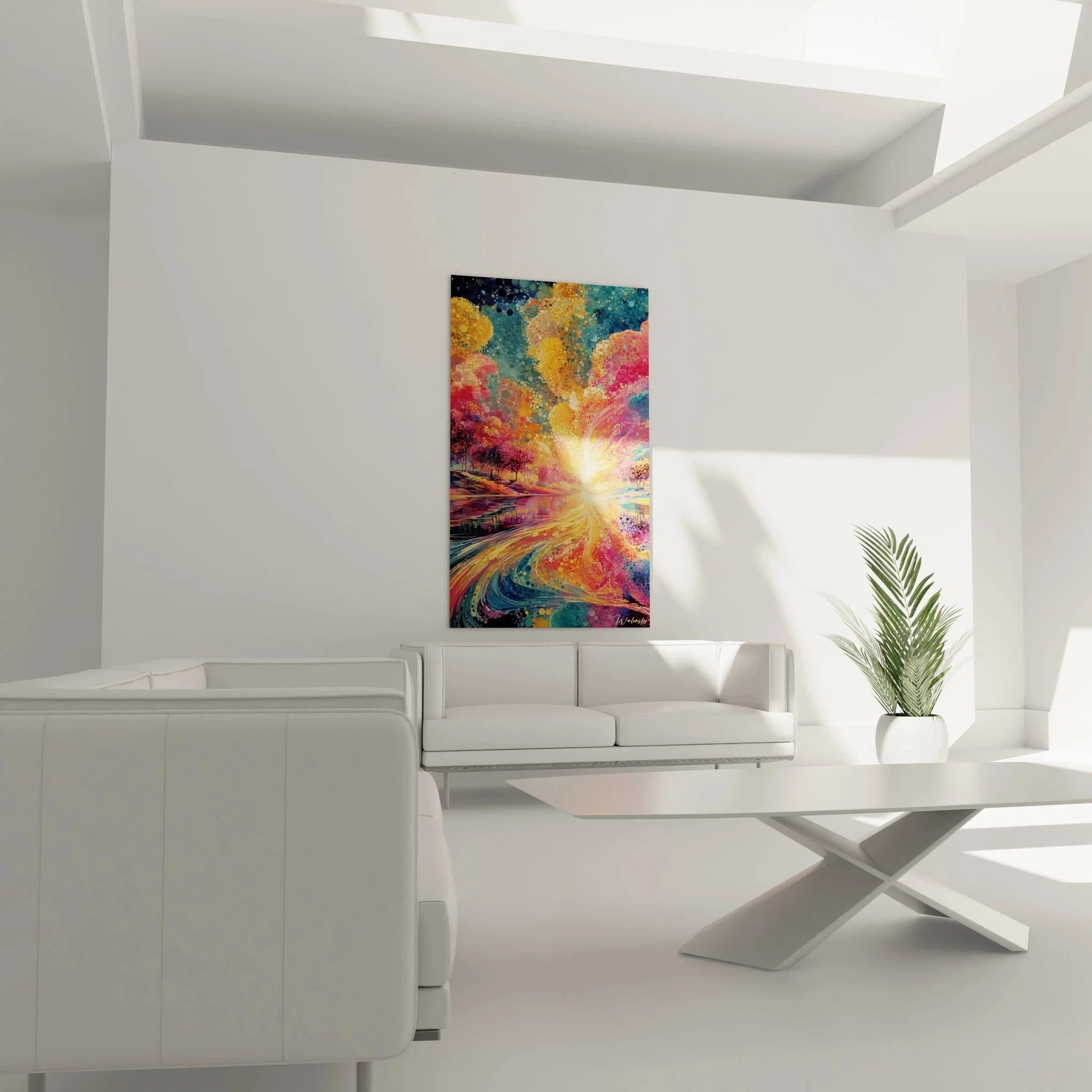 Detailansicht Pointillismus Technik mit farbigen Punkten und Lichteffekten im Sonnenuntergang