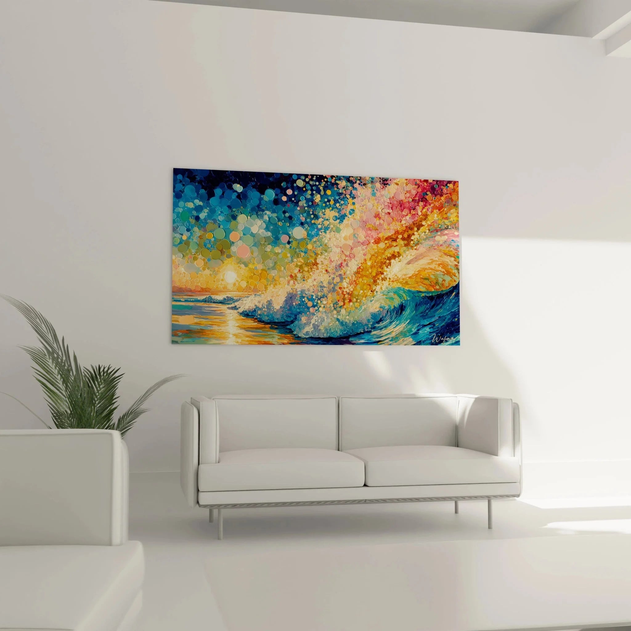 Detailansicht der pointillistischen Maltechnik mit farbigen Punkten und Kreisen im Ozeanwelle Wandbild