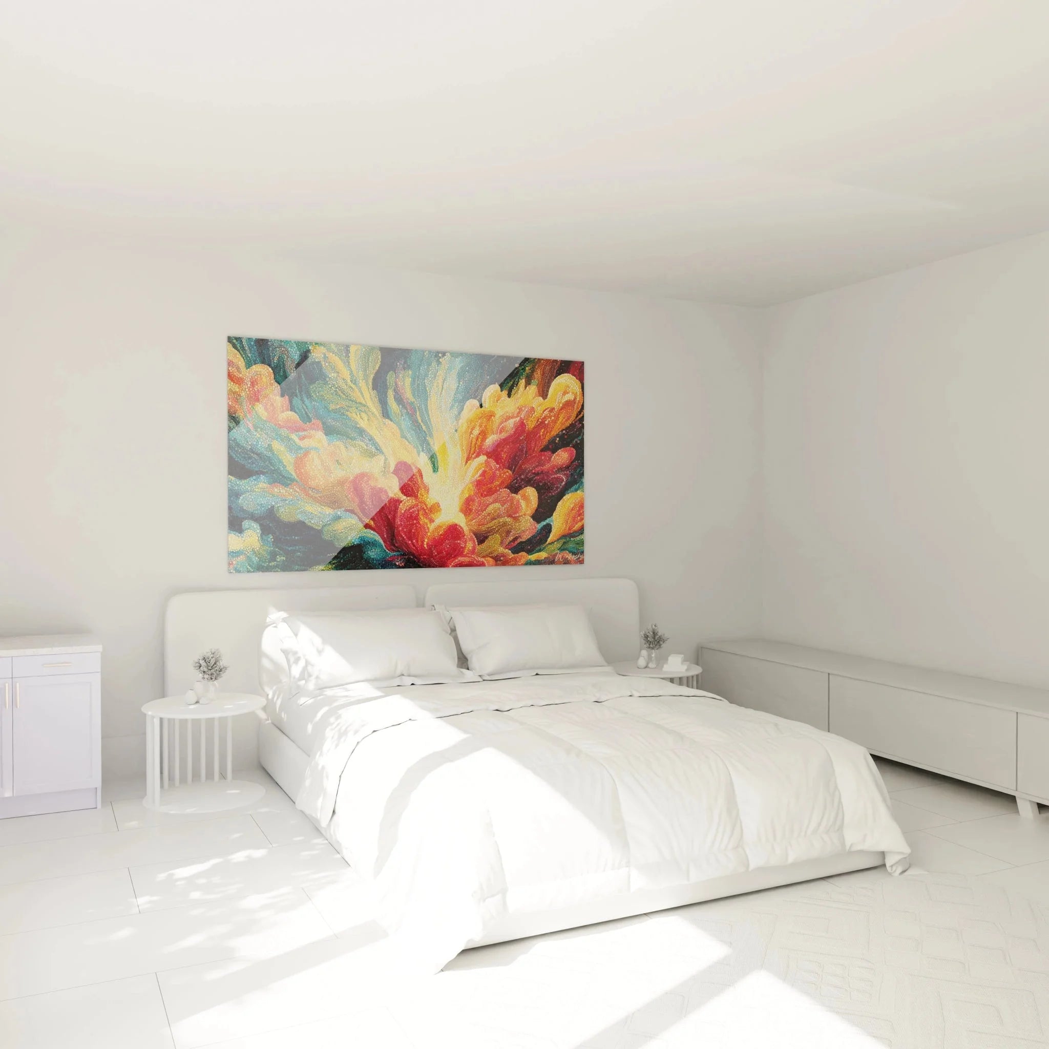 Pointillismus Wandbild abstrakte Blüte in Schlafzimmer Ambiente mit warmen Farbtönen und Punktkunst
