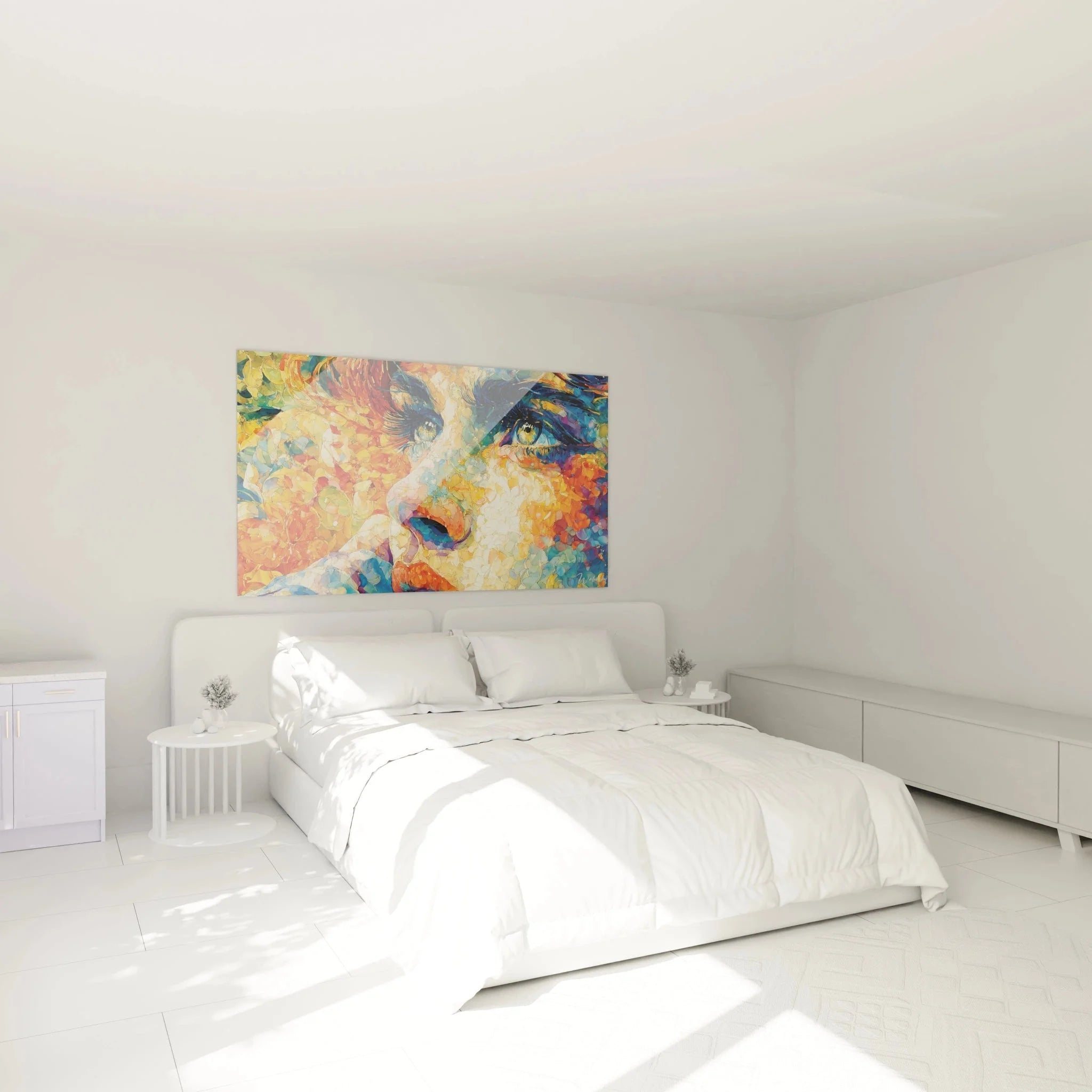 Pointillismus Wandbild Frauengesicht in modernem Schlafzimmer als dekorative Wandkunst