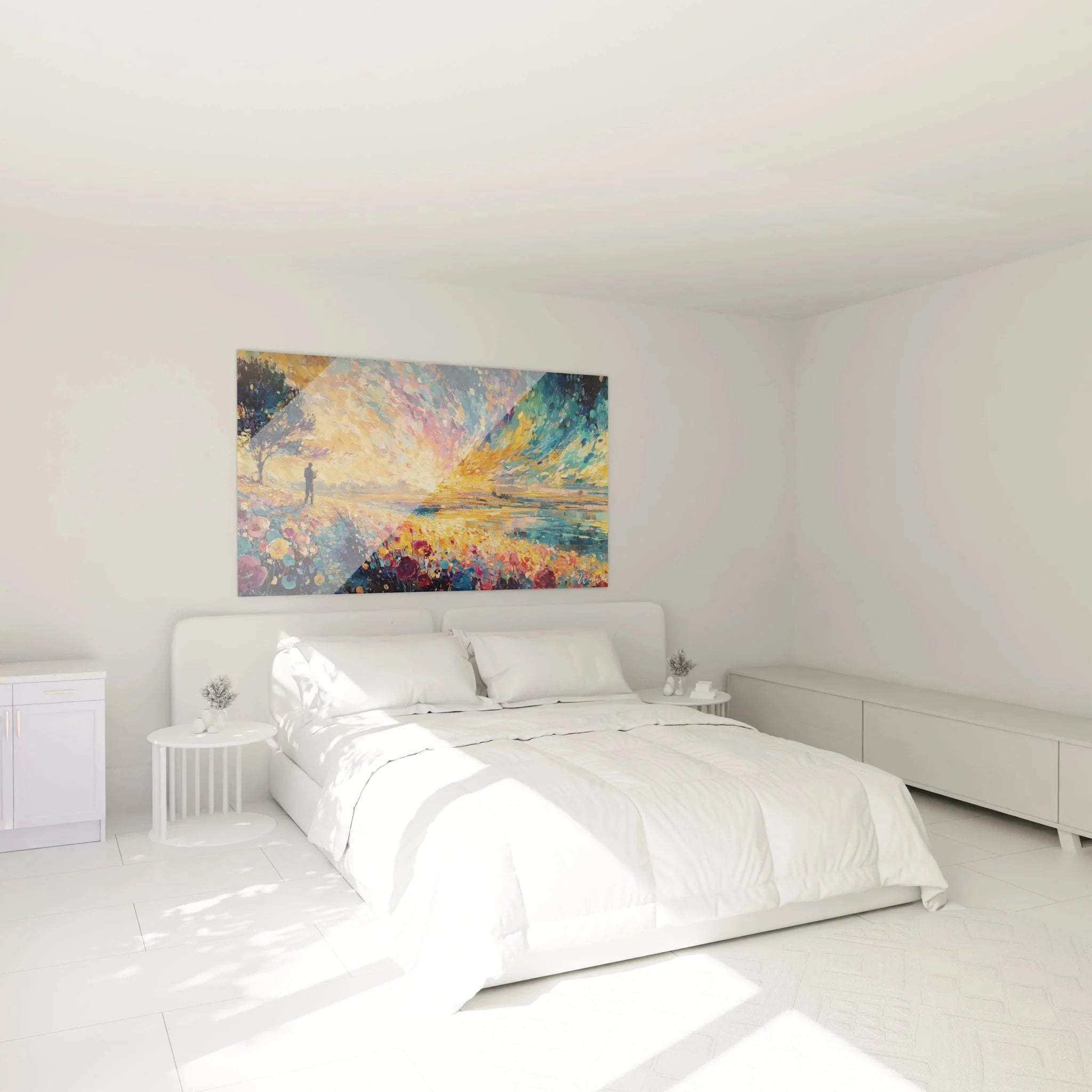 Pointillismus Wandbild Sonnenuntergang im Schlafzimmer mit romantischer Meereslandschaft und Blumen