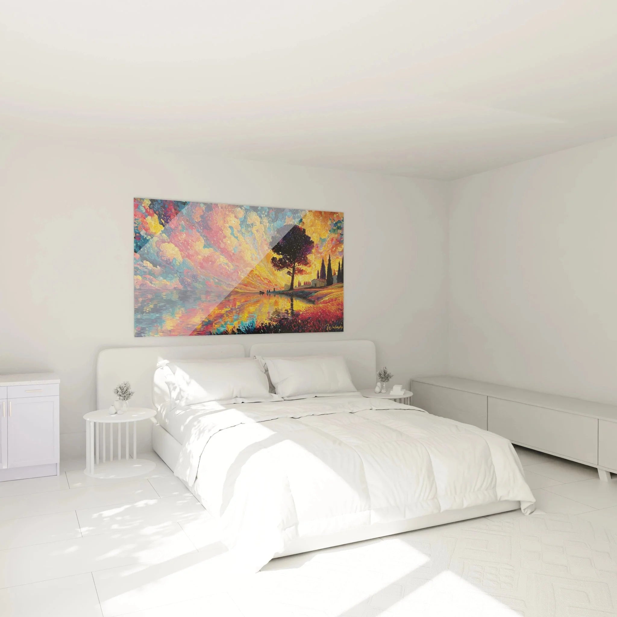 Pointillismus Wandbild Sonnenuntergang in modernem Schlafzimmer mit warmer Farbpalette und Seenlandschaft