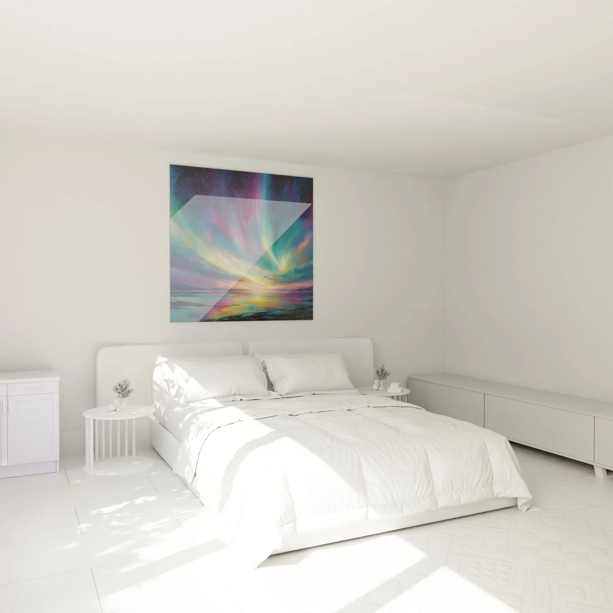Polarlicht Wandbild in modernem Schlafzimmer - Aurora Borealis Kunstdruck als Wanddekoration