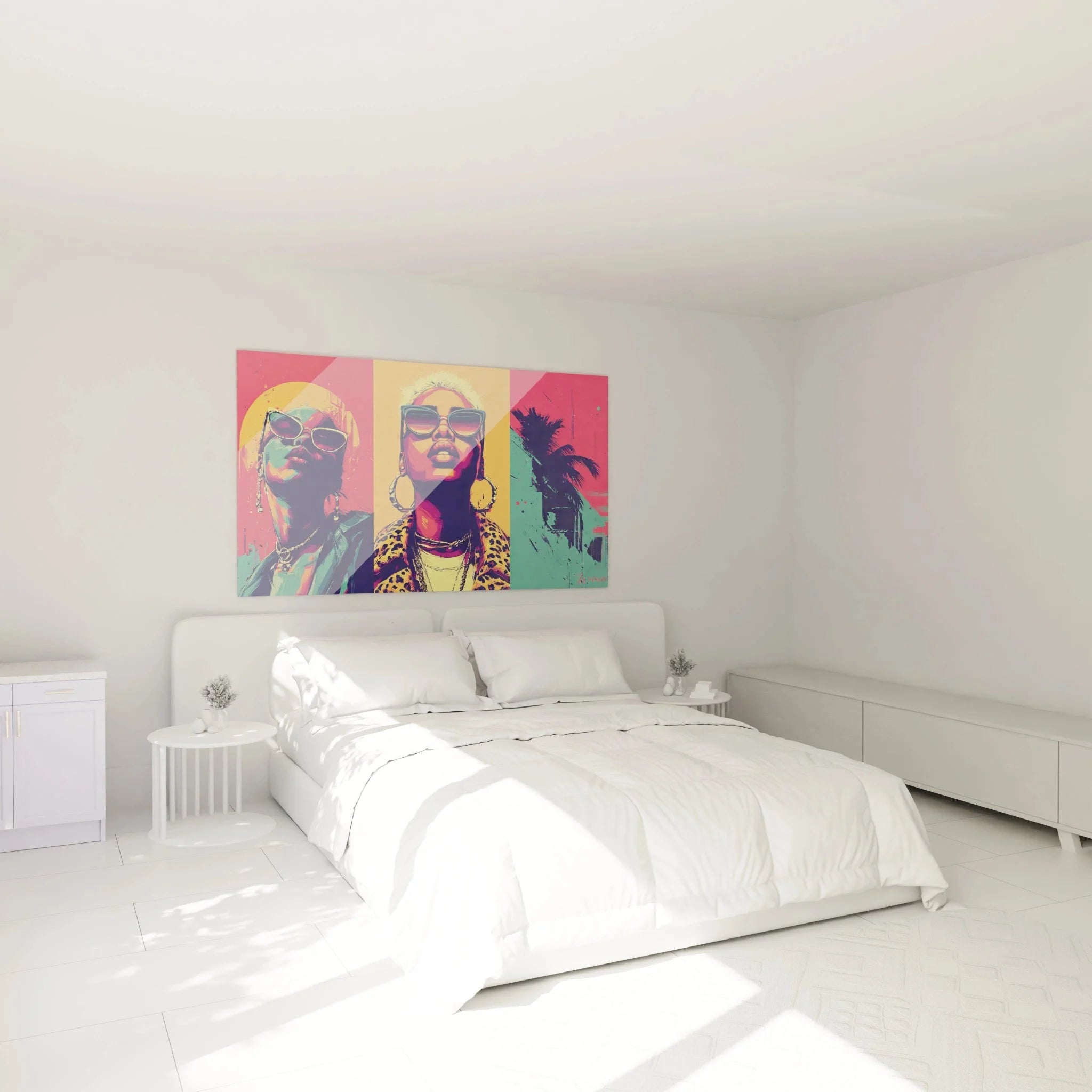 Pop Art Frauen Wandbild in modernem Schlafzimmer mit Retro Style Dekoration und Vintage Flair
