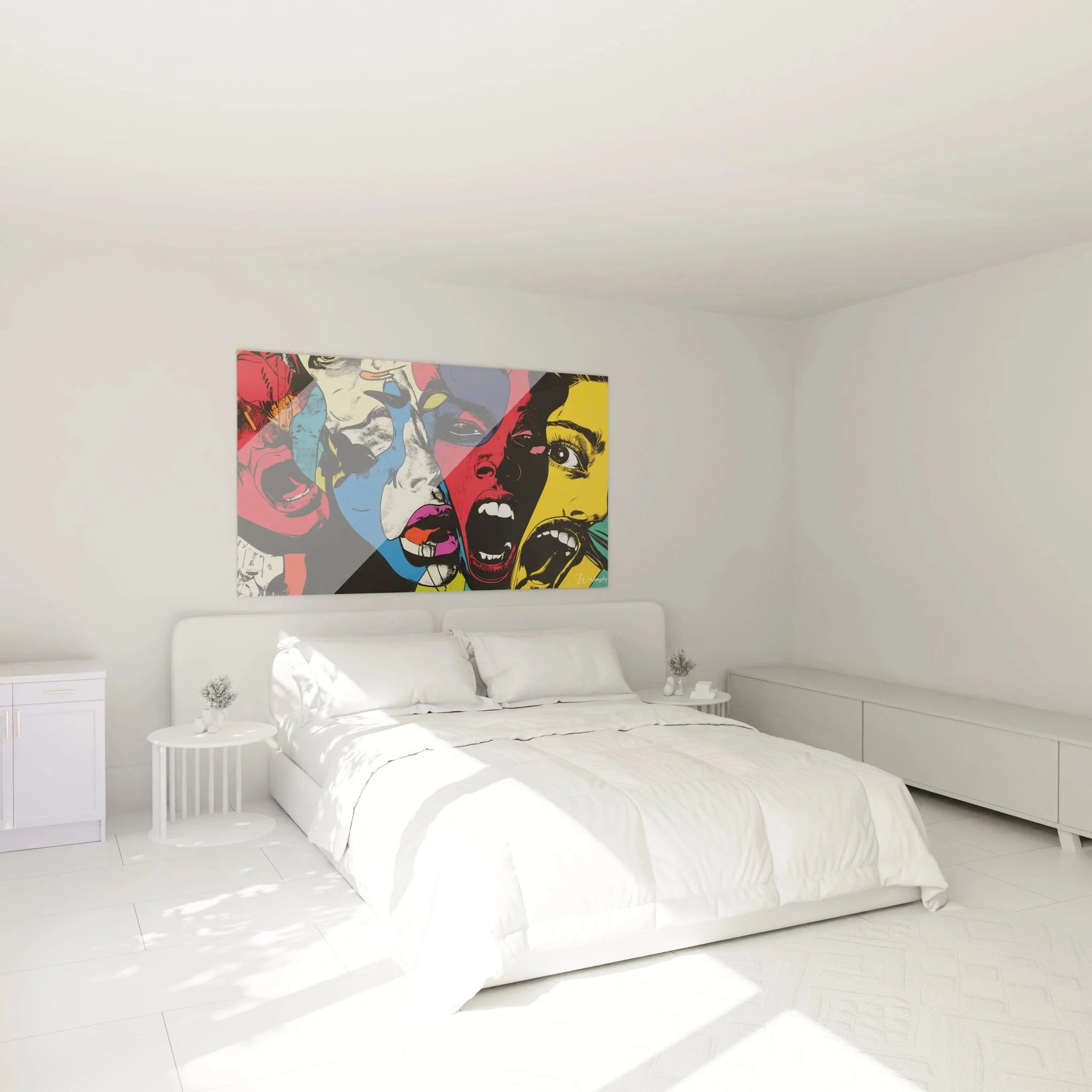 Pop Art Gesichter Wandbild XXL in modernem Schlafzimmer mit bunten Porträts als Wanddekoration
