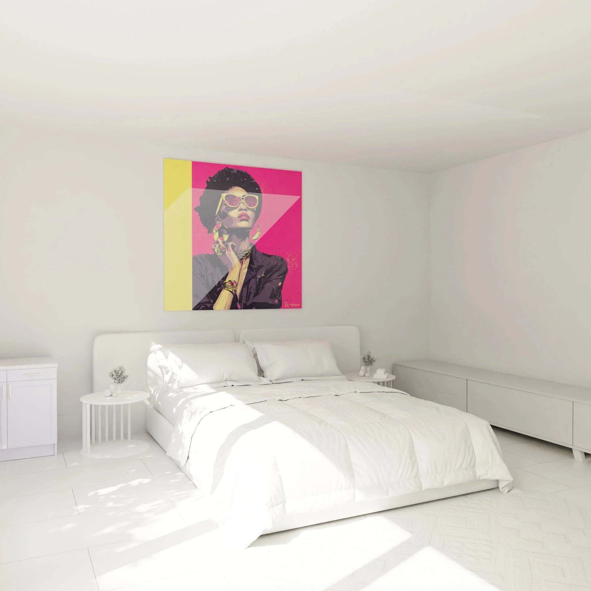 Pop Art Wandbild elegante Frau mit Sonnenbrille als stilvolle Schlafzimmer Wanddekoration