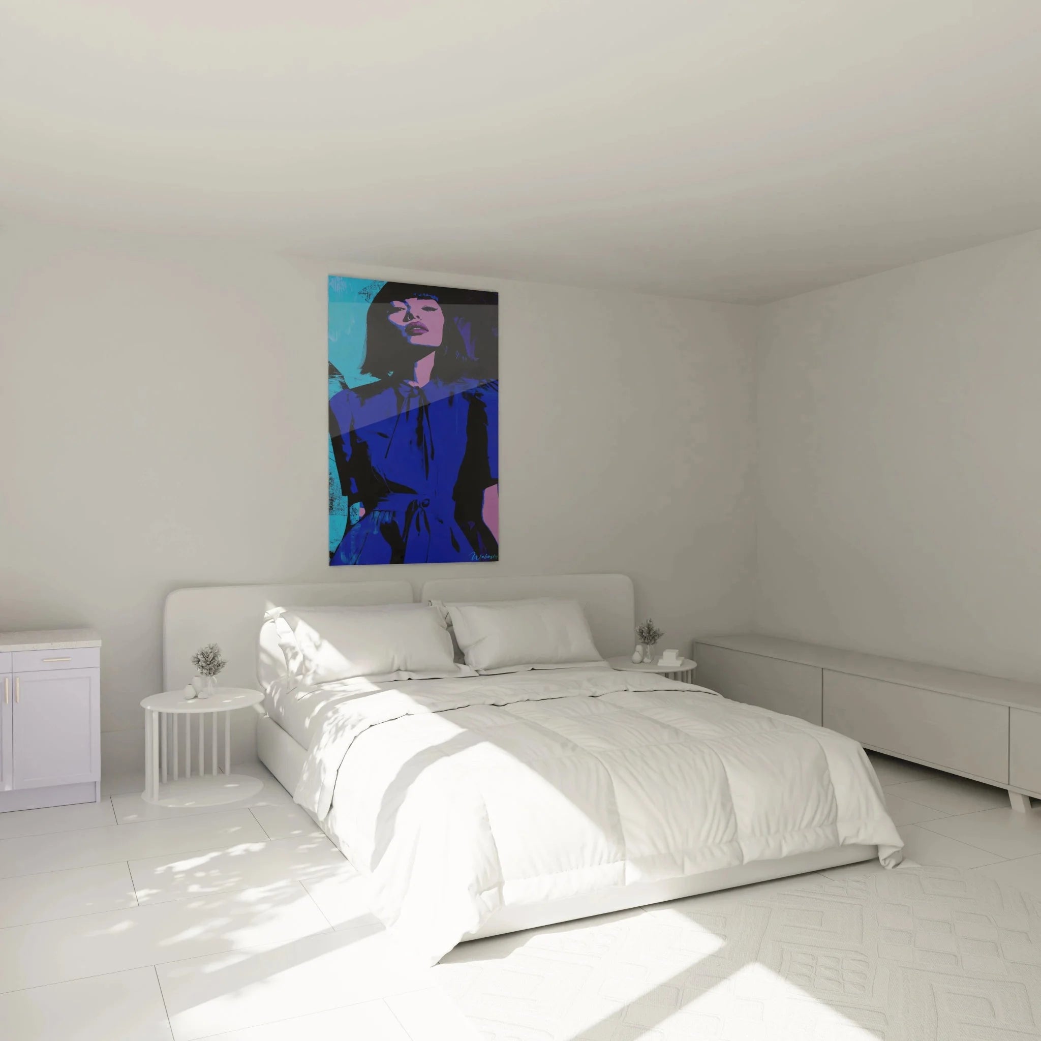 Pop Art Wandbild Frau Blau in modernem Schlafzimmer - Stilvolle Wanddekoration