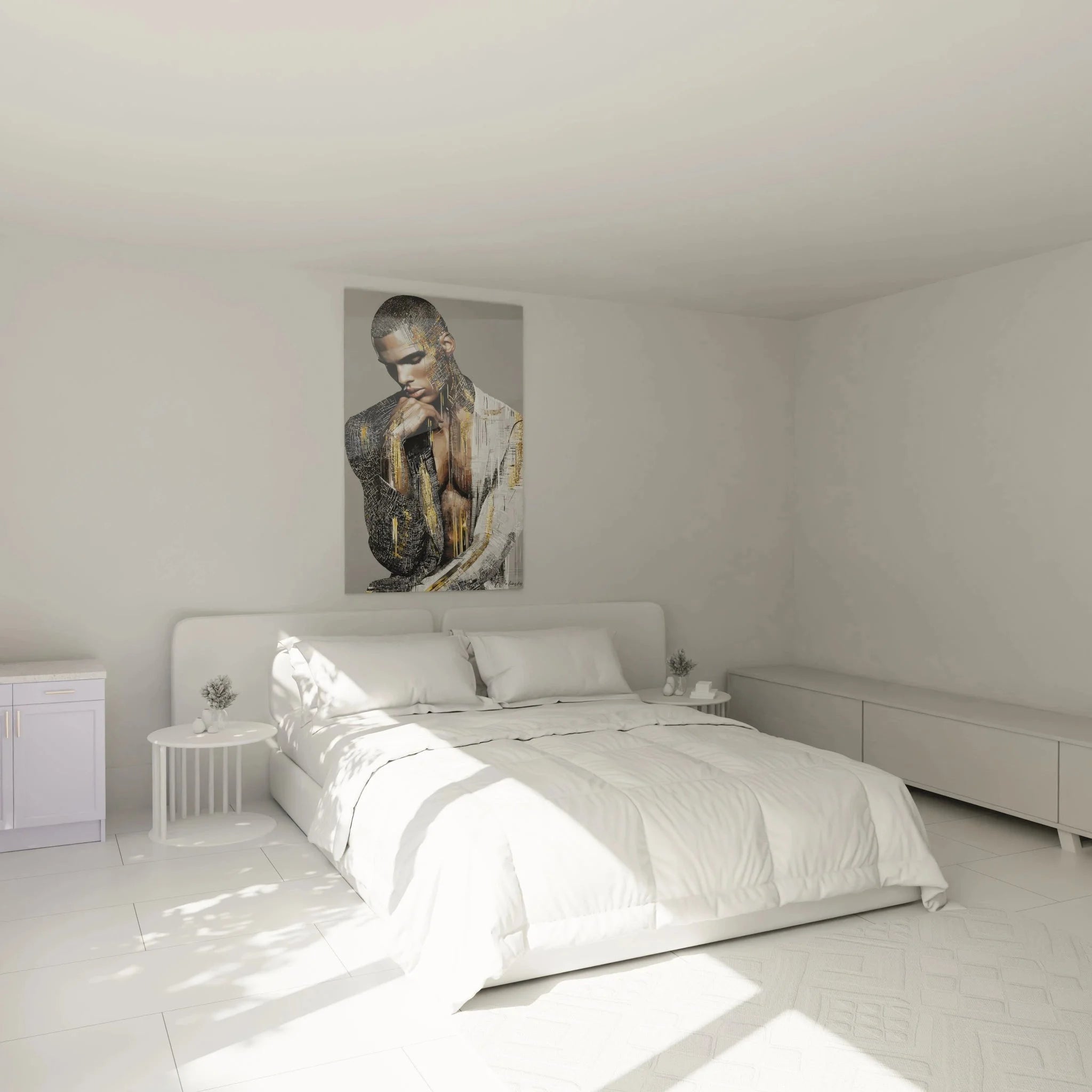 Portrait Mann Wandbild abstrakt in modernem Schlafzimmer - stilvolle Wanddekoration XXL