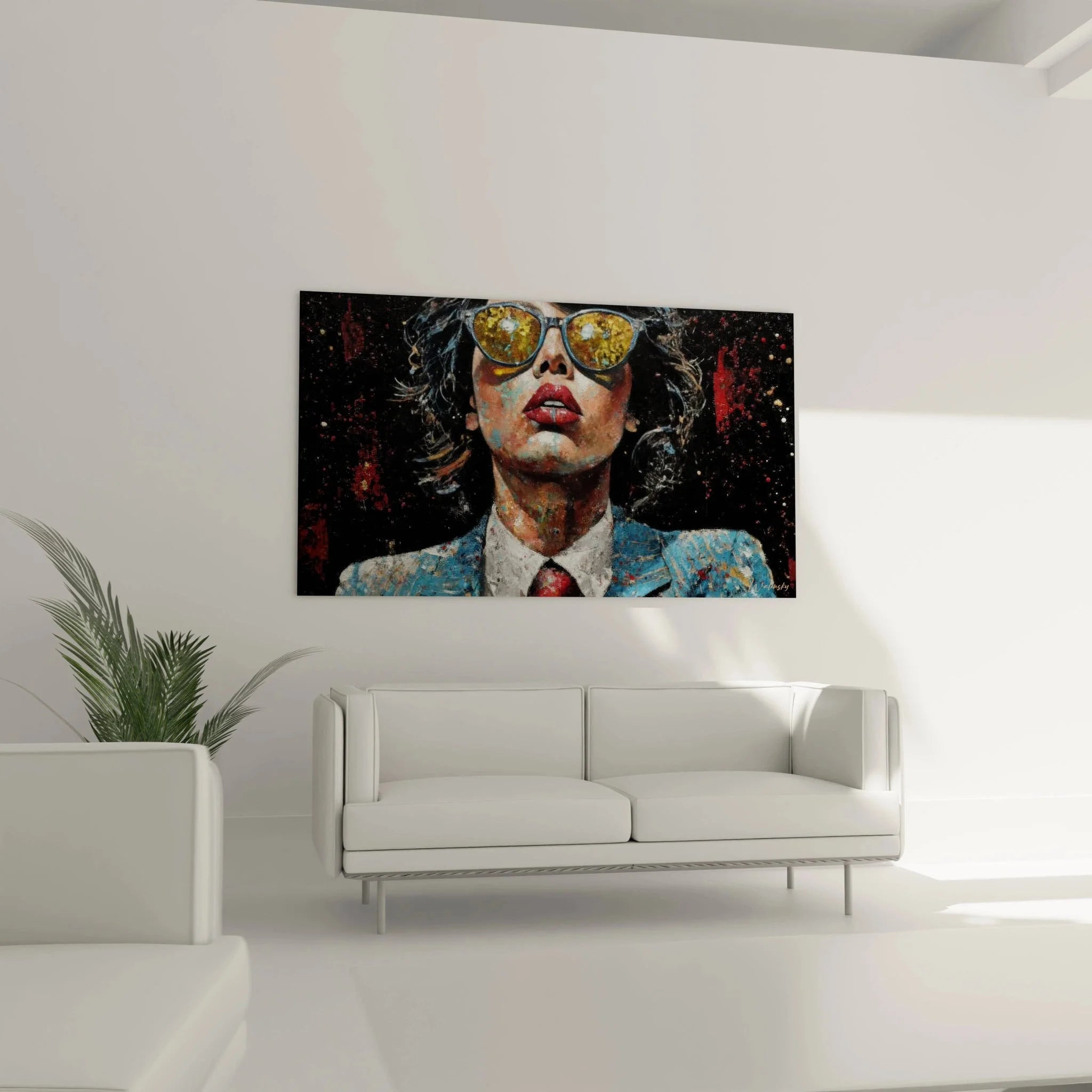 Detailansicht Portrait Wandbild mit goldener Sonnenbrille und roten Lippen