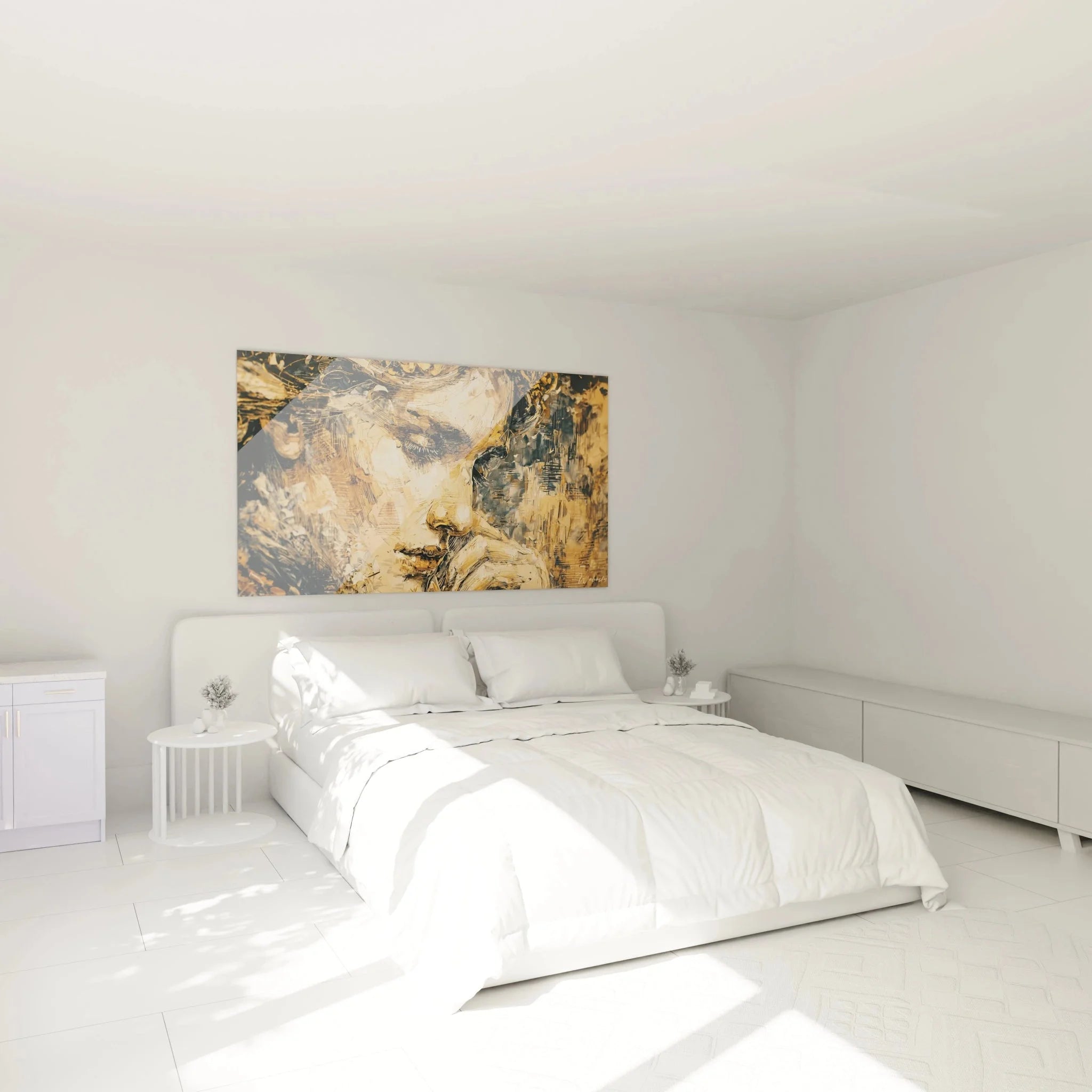 Impressionistisches Portrait Wandbild Frau in Schlafzimmer Ambiente warme Erdtöne Kunstdruck