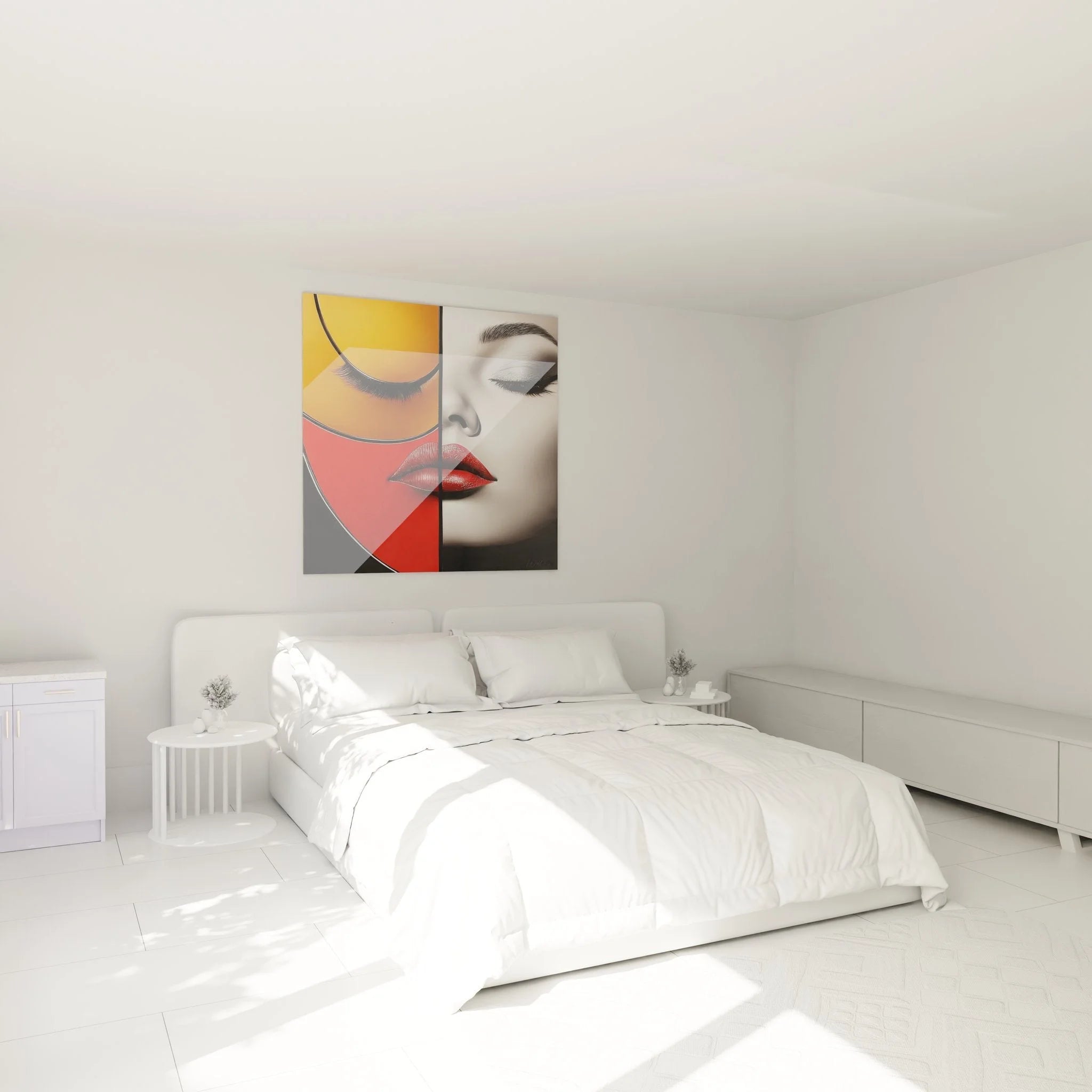 Modernes Wandbild Portrait im Schlafzimmer - Frau mit geometrischer Komposition als Wanddekoration