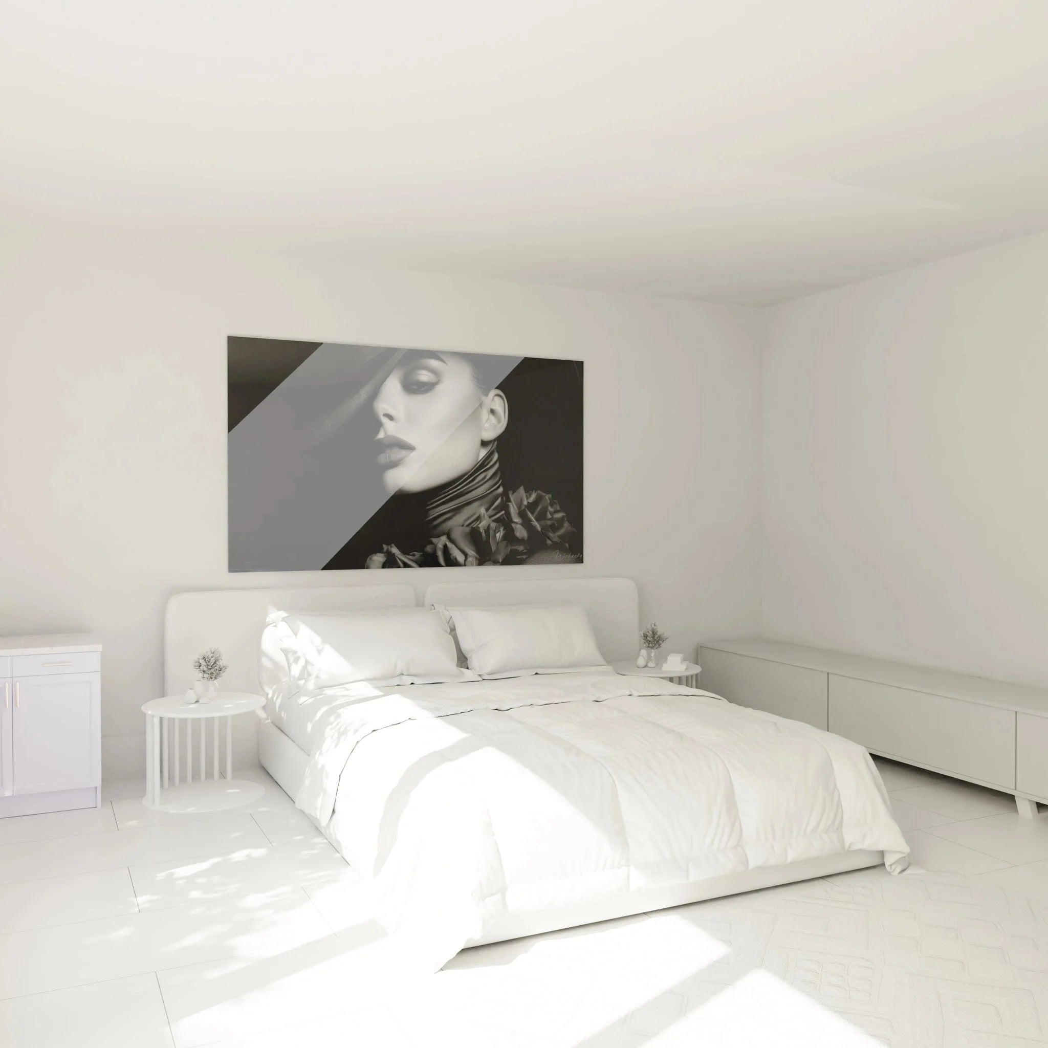 Schwarz-Weiß Portrait Wandbild im Schlafzimmer - moderne Wanddeko mit elegantem Frauenporträt