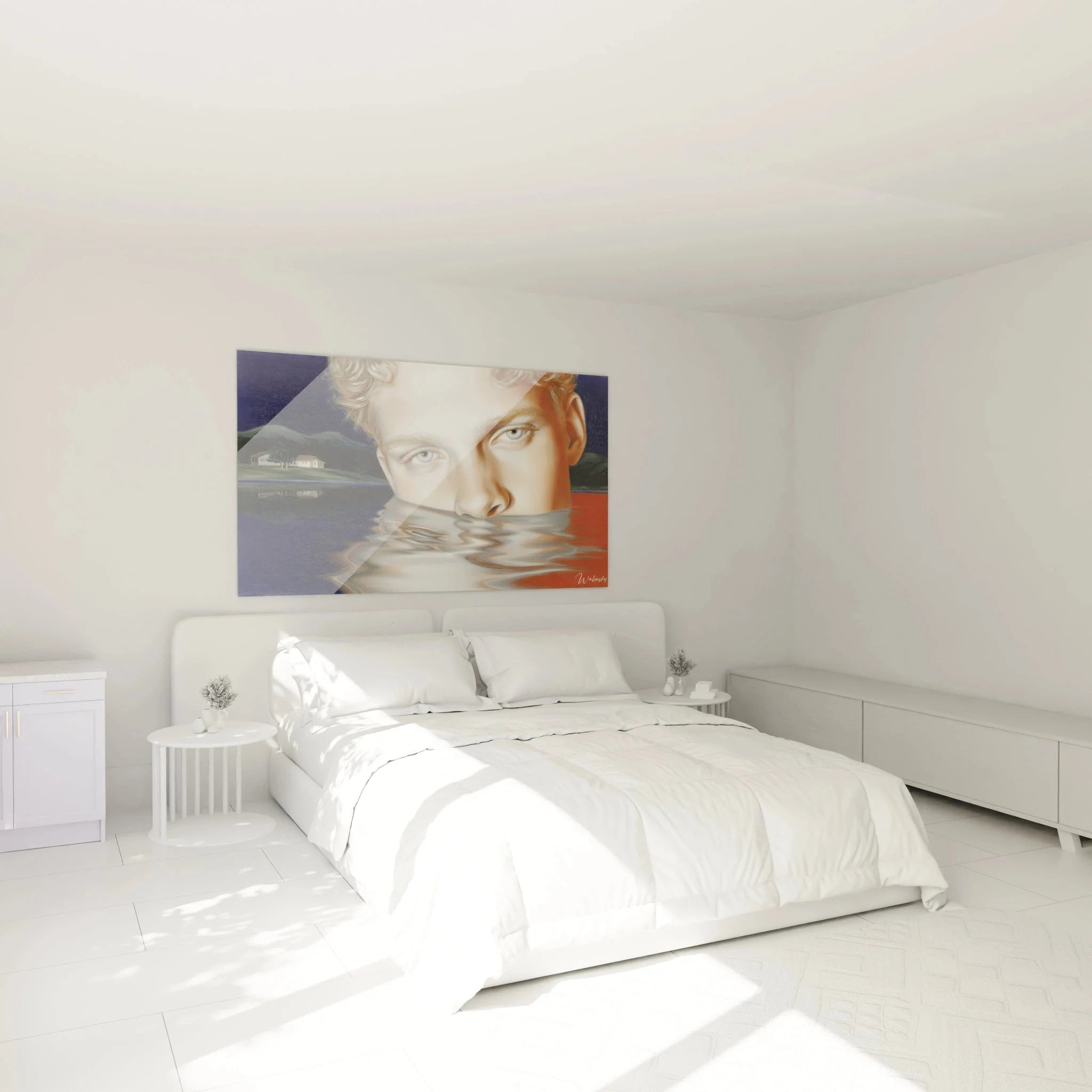 Portrait Wandbild XXL in modernem Schlafzimmer - hyperrealistische Wasserspiegelung Kunst als Raumdekoration