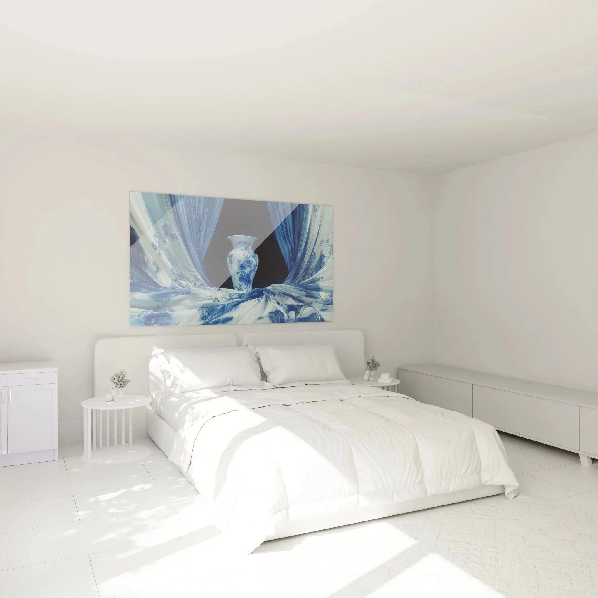 Blaues Porzellan Wandbild im Schlafzimmer - Elegante Stillleben Wanddekoration