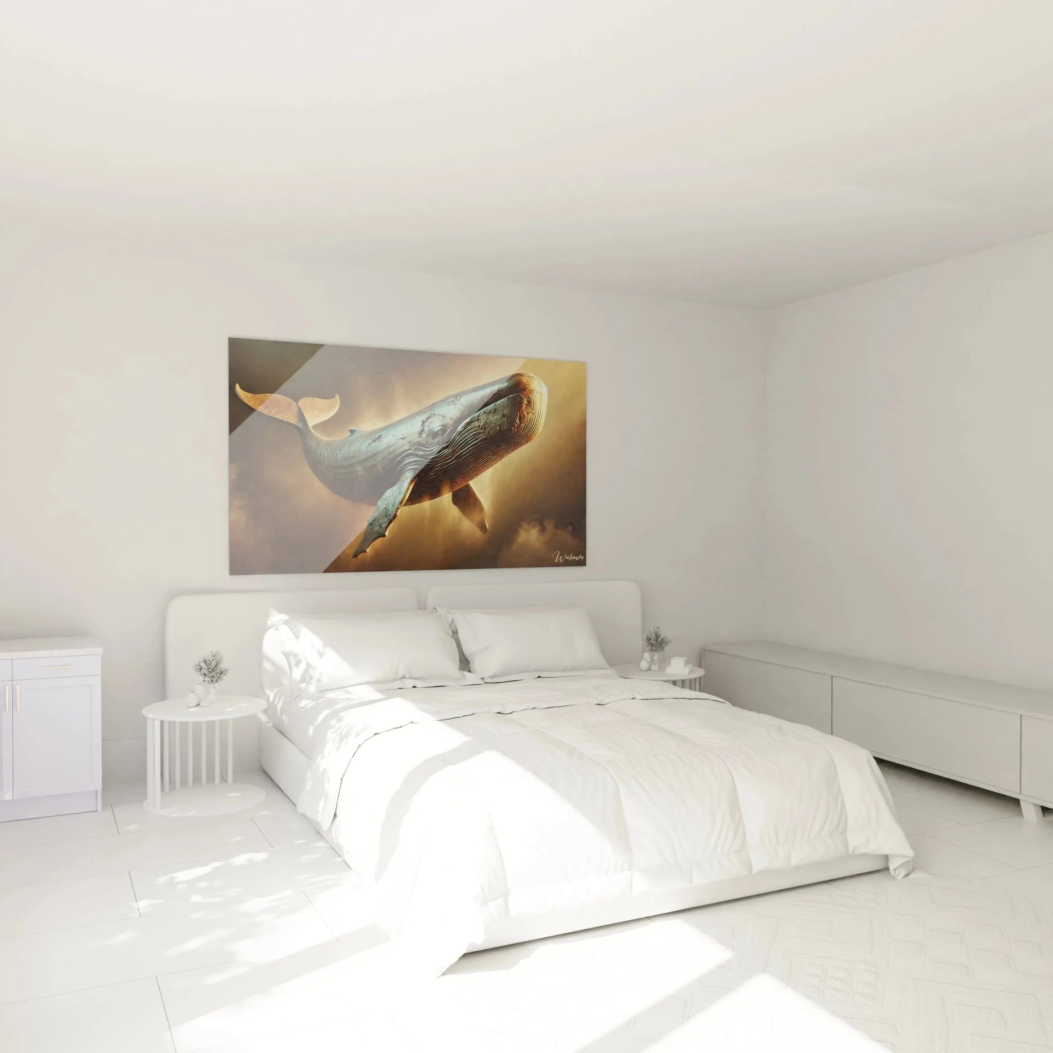 Pottwal Wandbild in Schlafzimmer Atmosphäre - maritime Wanddeko im Wohnambiente