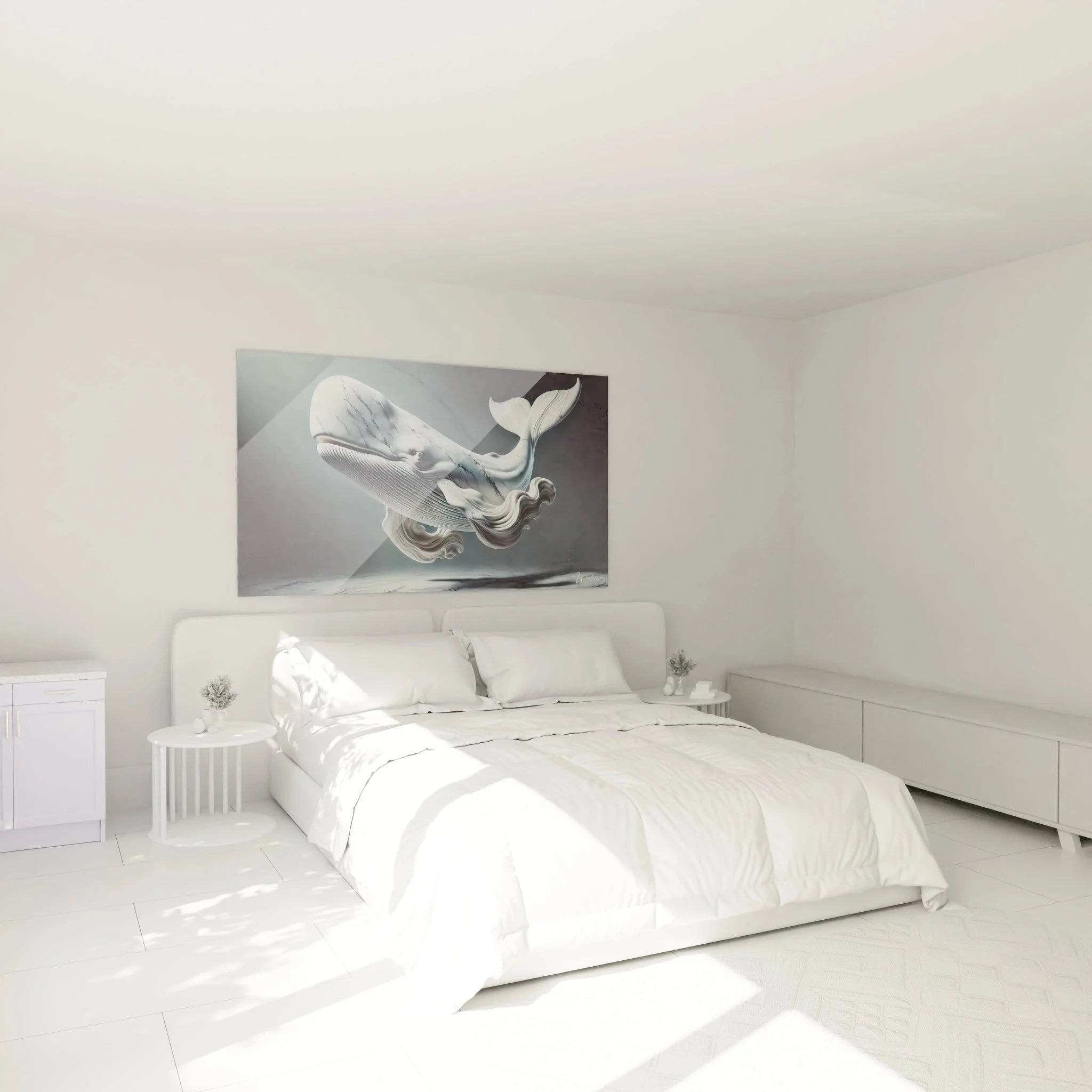 Pottwal Wandbild XXL in elegantem Schlafzimmer als maritime Wanddekoration - Edition Pottwal Raumansicht