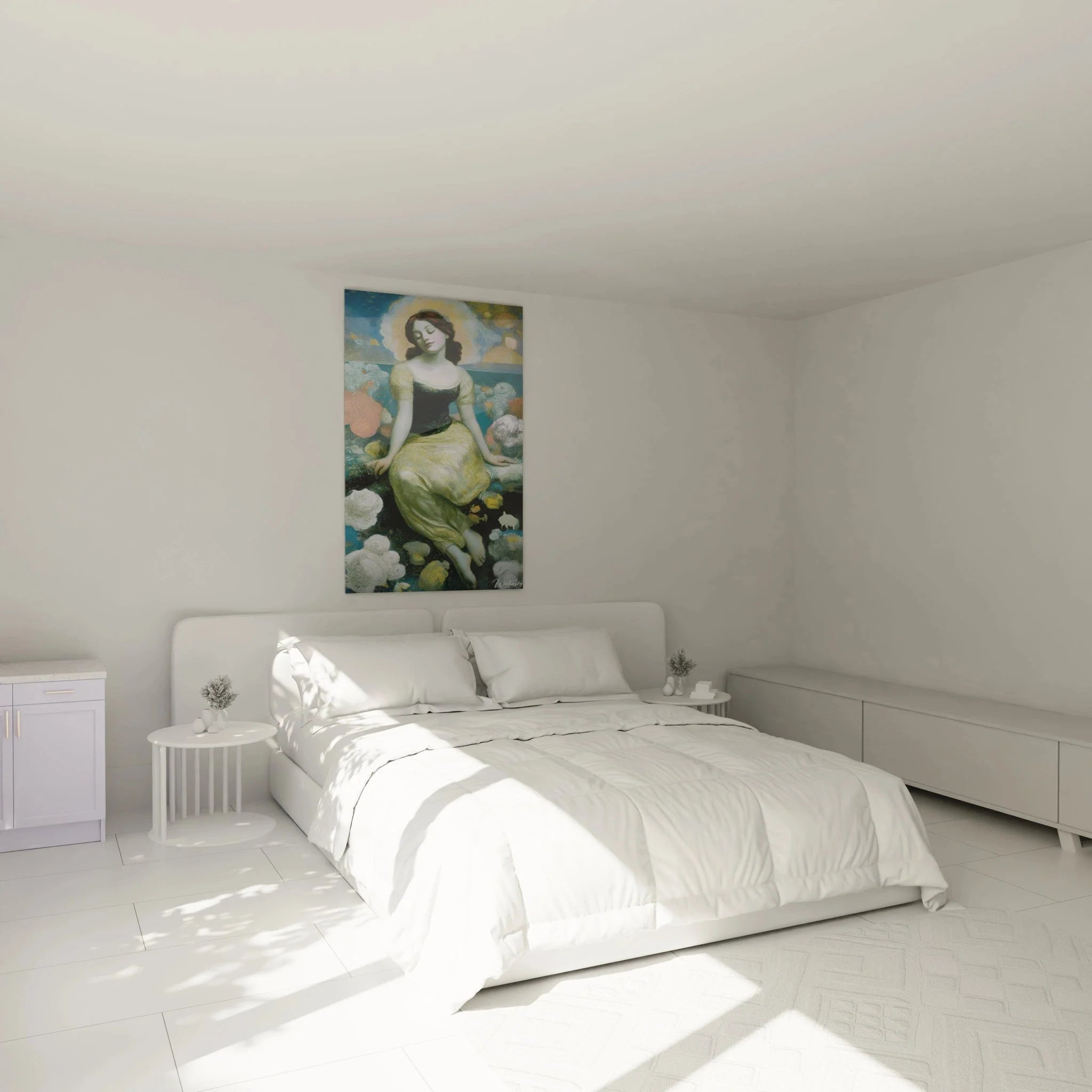 Präraffaelitisches Wandbild träumende Dame Schlafzimmer Dekoration romantische Atmosphäre goldenes Kleid