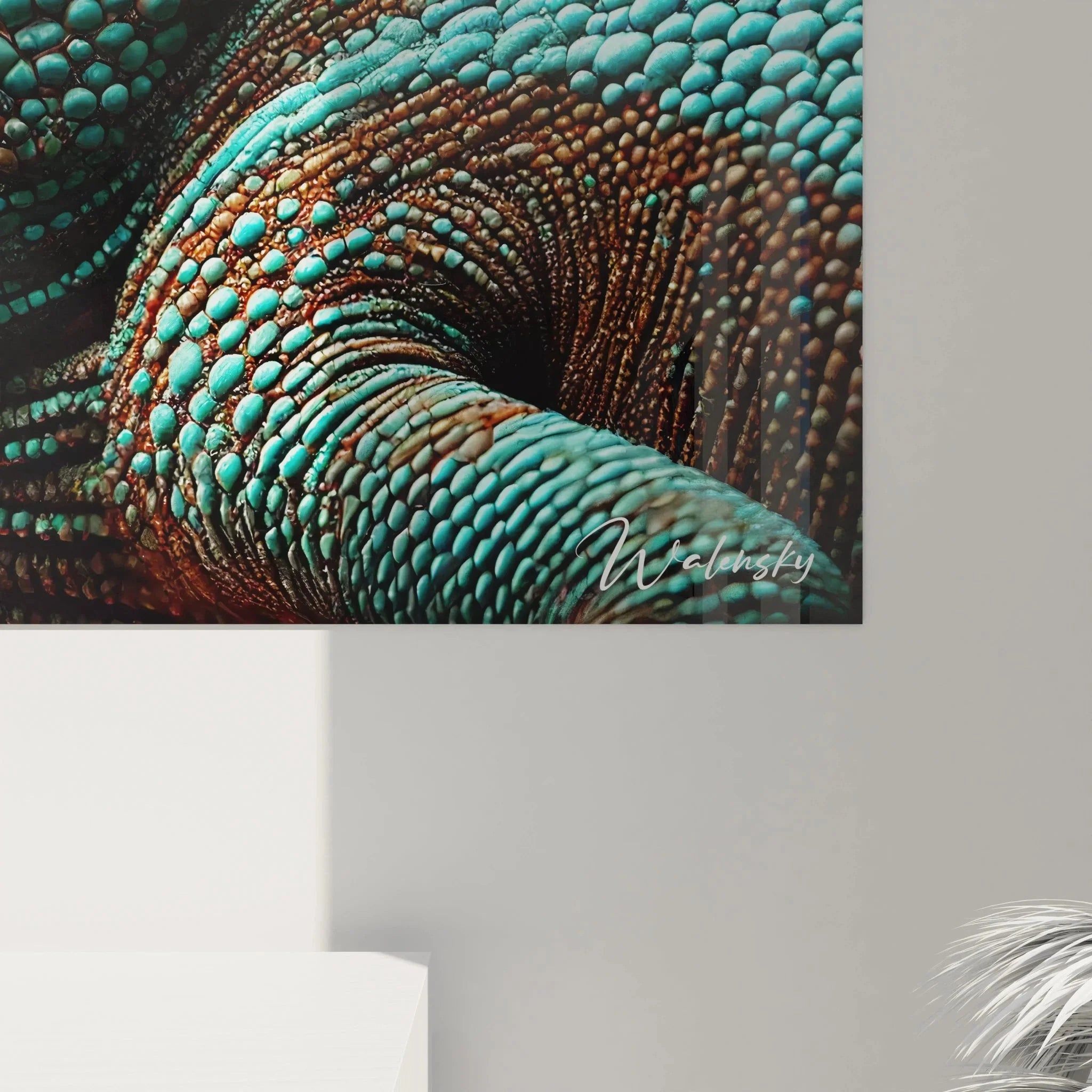 Gesamtansicht des Premium Chamäleon Wandbildes mit türkiser Farbgebung und naturalistischer Darstellung