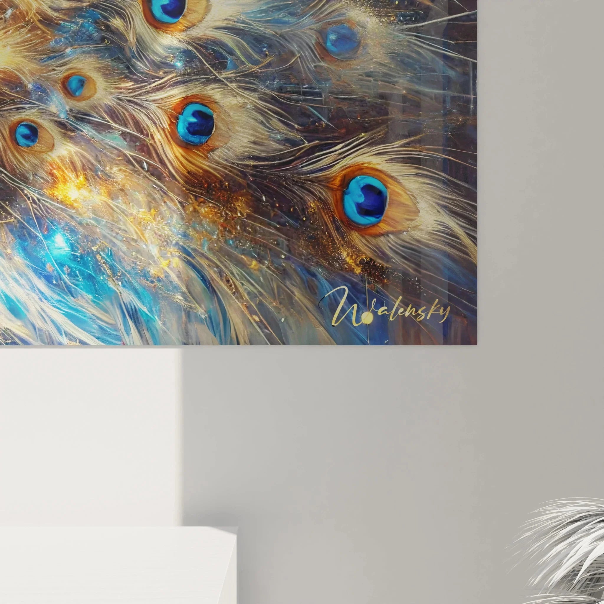 Gesamtansicht Premium Wandbild Pfau mit aufgefächertem Schwanz und kosmischer Ausstrahlung