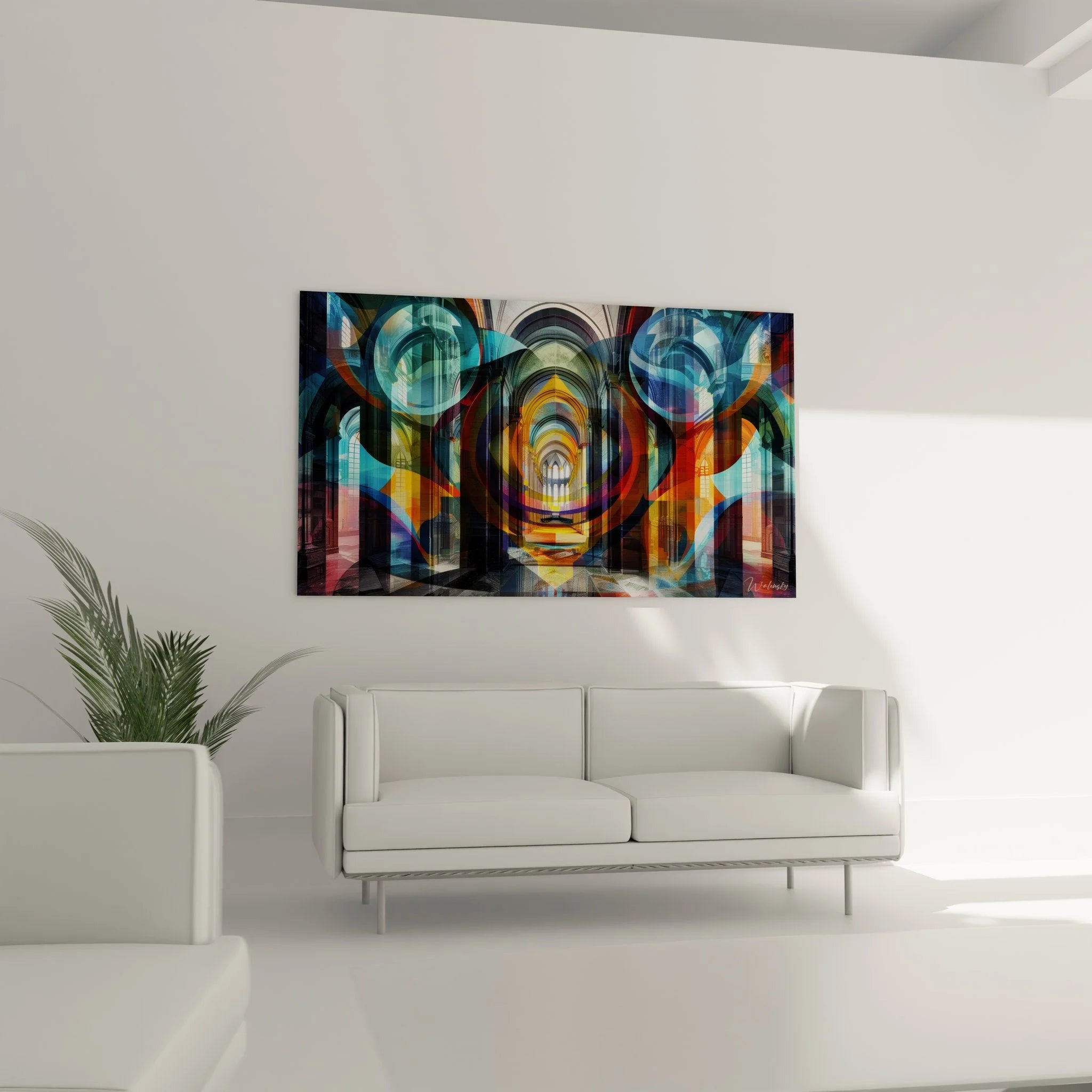 Detailansicht prismatische Effekte Wandbild Gotik mit leuchtenden Kreisen und Architektur Elementen