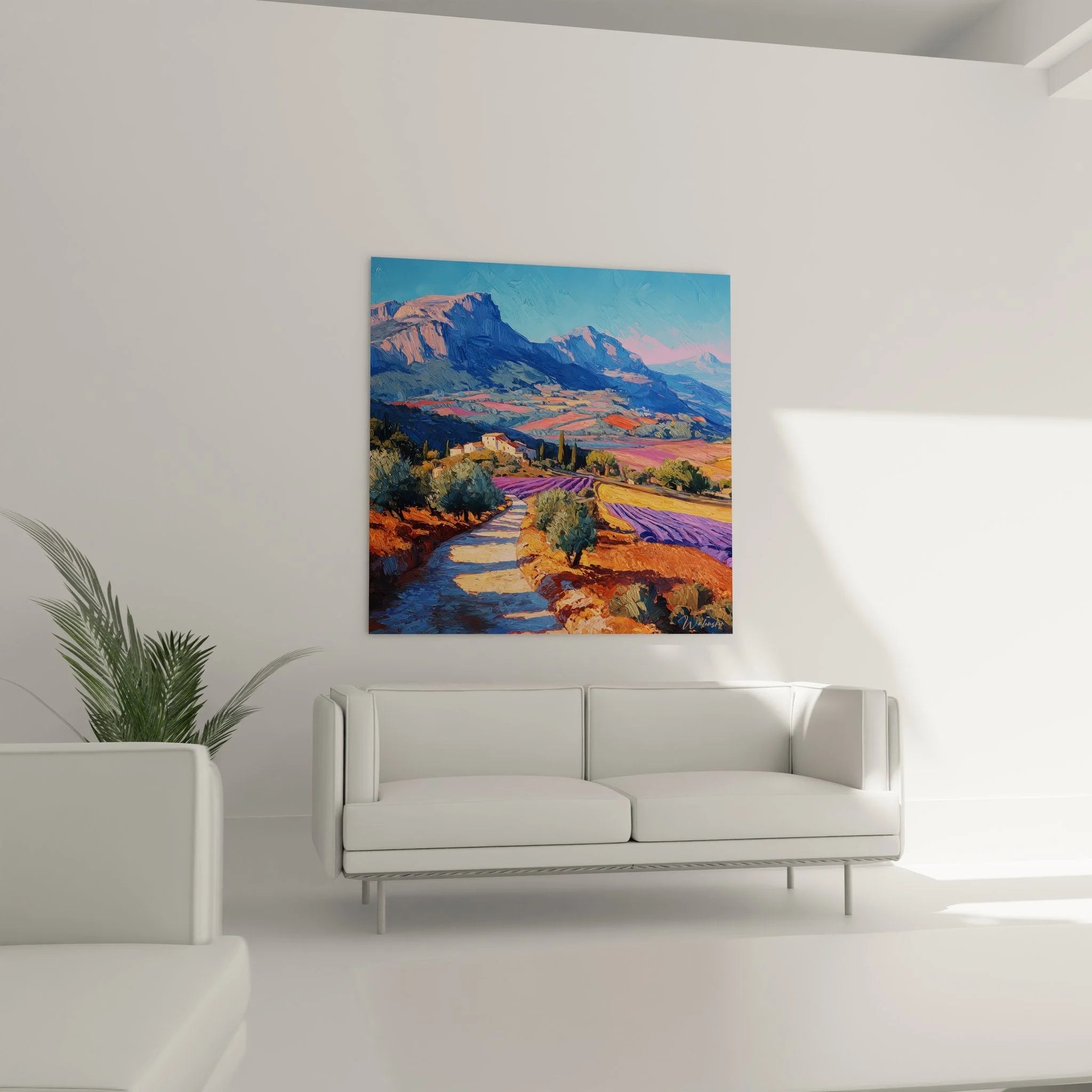 Detailansicht Provence Landschaft Wandbild mit Lavendelfeldern und provenzalischem Landhaus