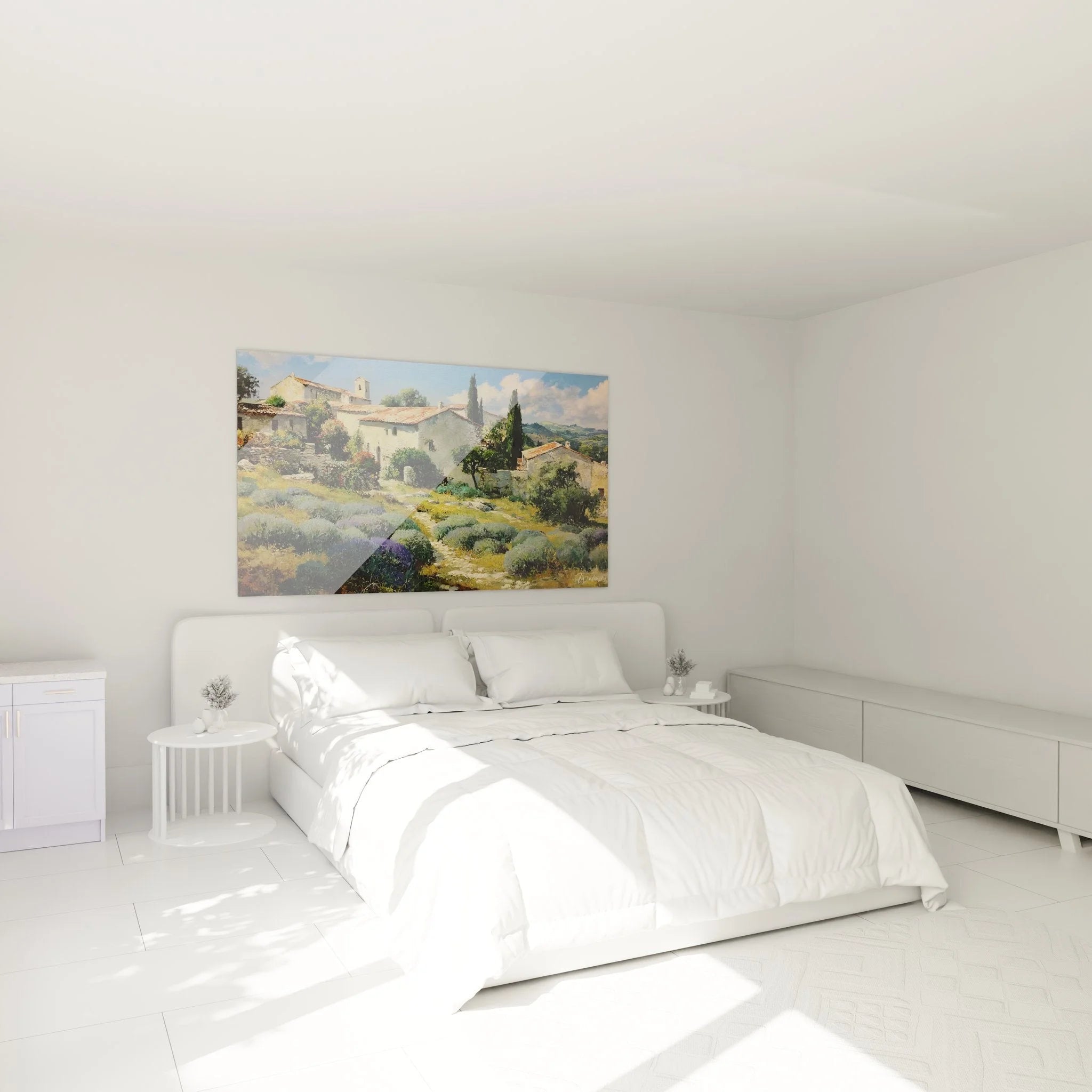 Provence Wandbild im Schlafzimmer - Mediterrane Dorfszene mit Lavendel als Wanddekoration