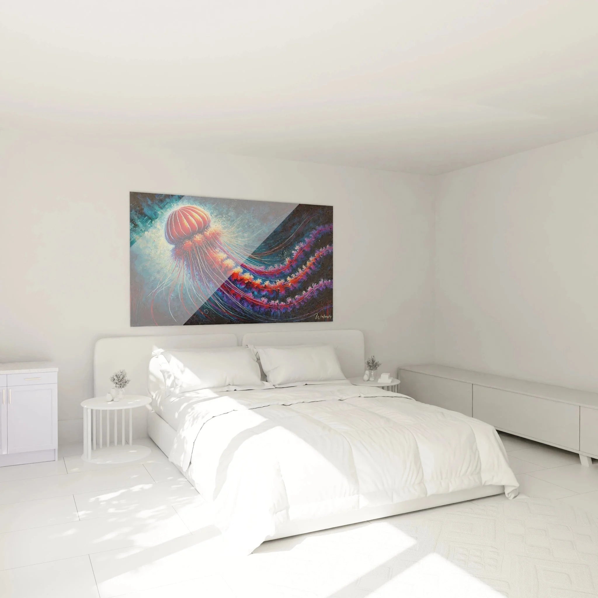 Quallen Wandbild XXL als stilvolle Wanddeko im modernen Schlafzimmer