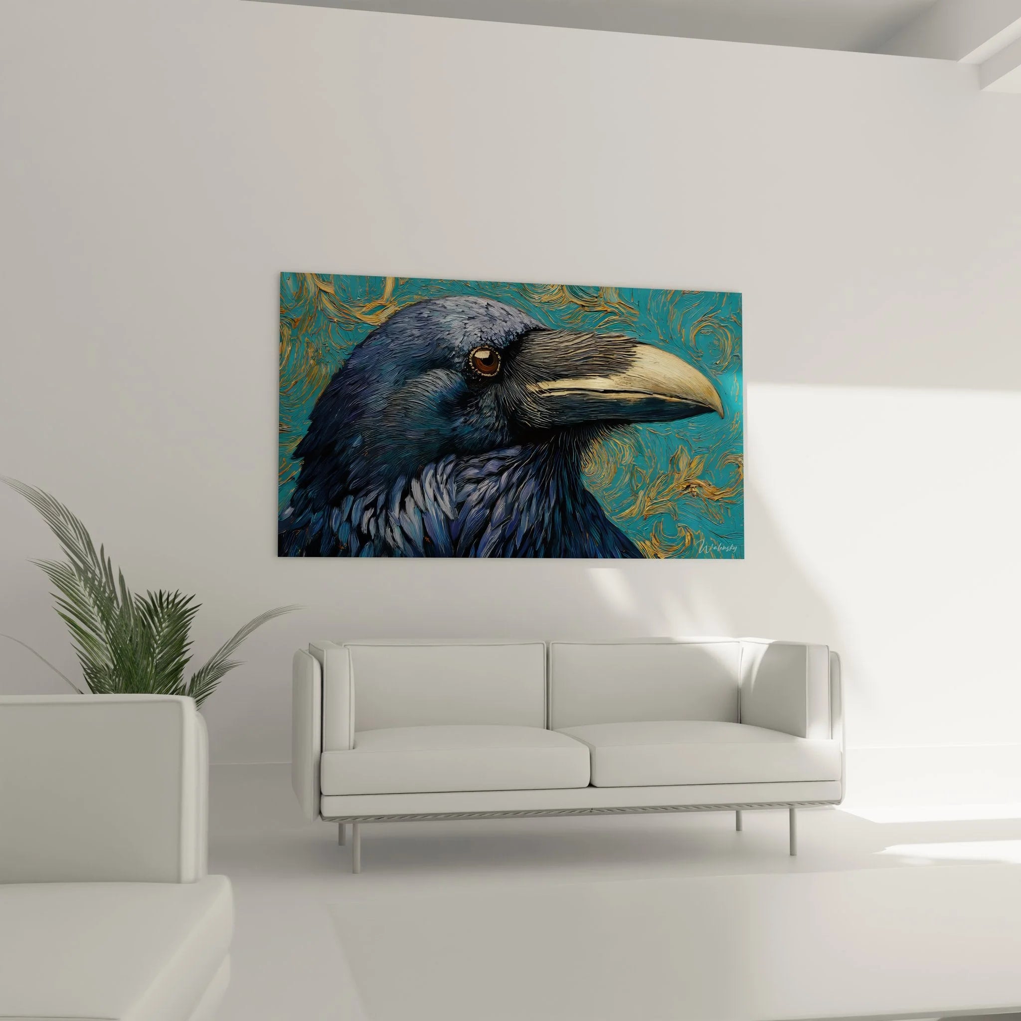 Detailaufnahme Rabe Leinwandbild, Nahaufnahme vom Rabenportrait mit expressionistischen Pinselstrichen