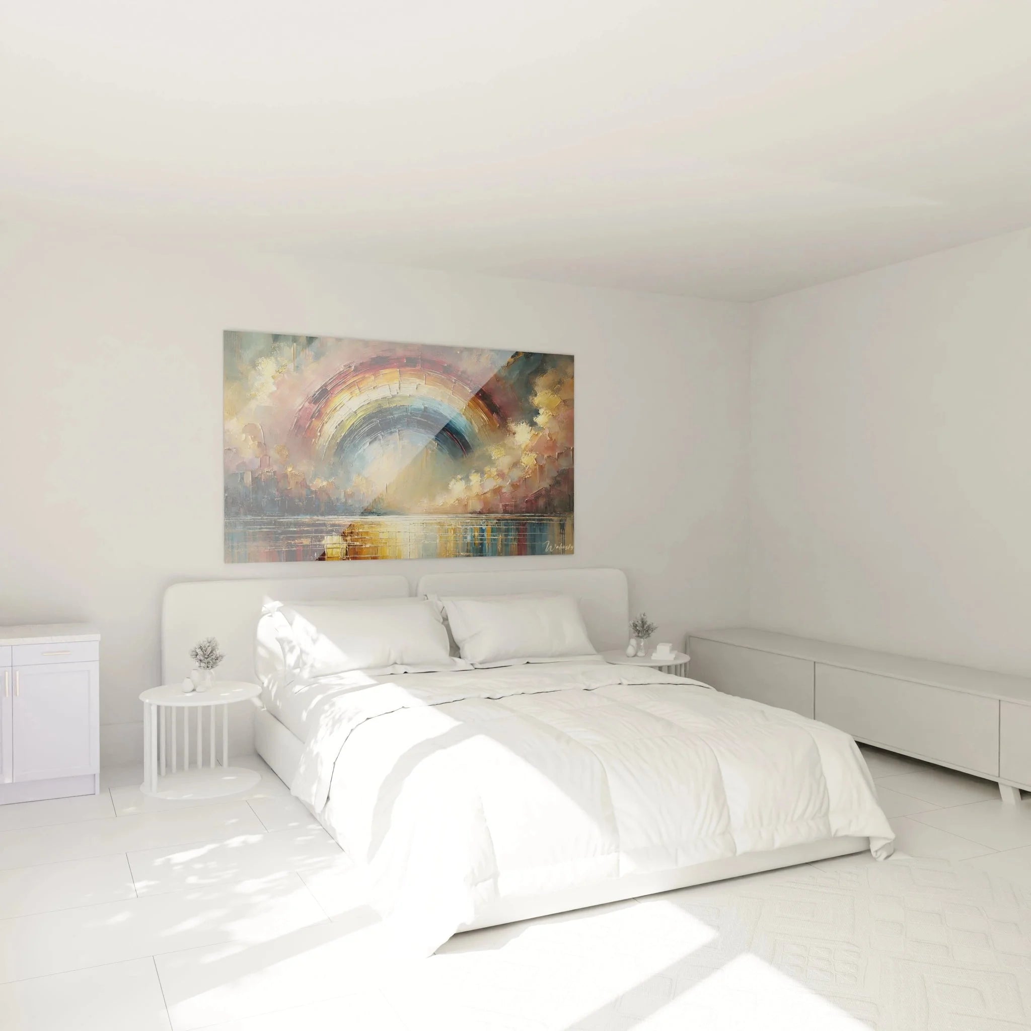 Abstraktes Regenbogen Wandbild in modernem Schlafzimmer - Himmel Kunstdruck XXL Dekoration