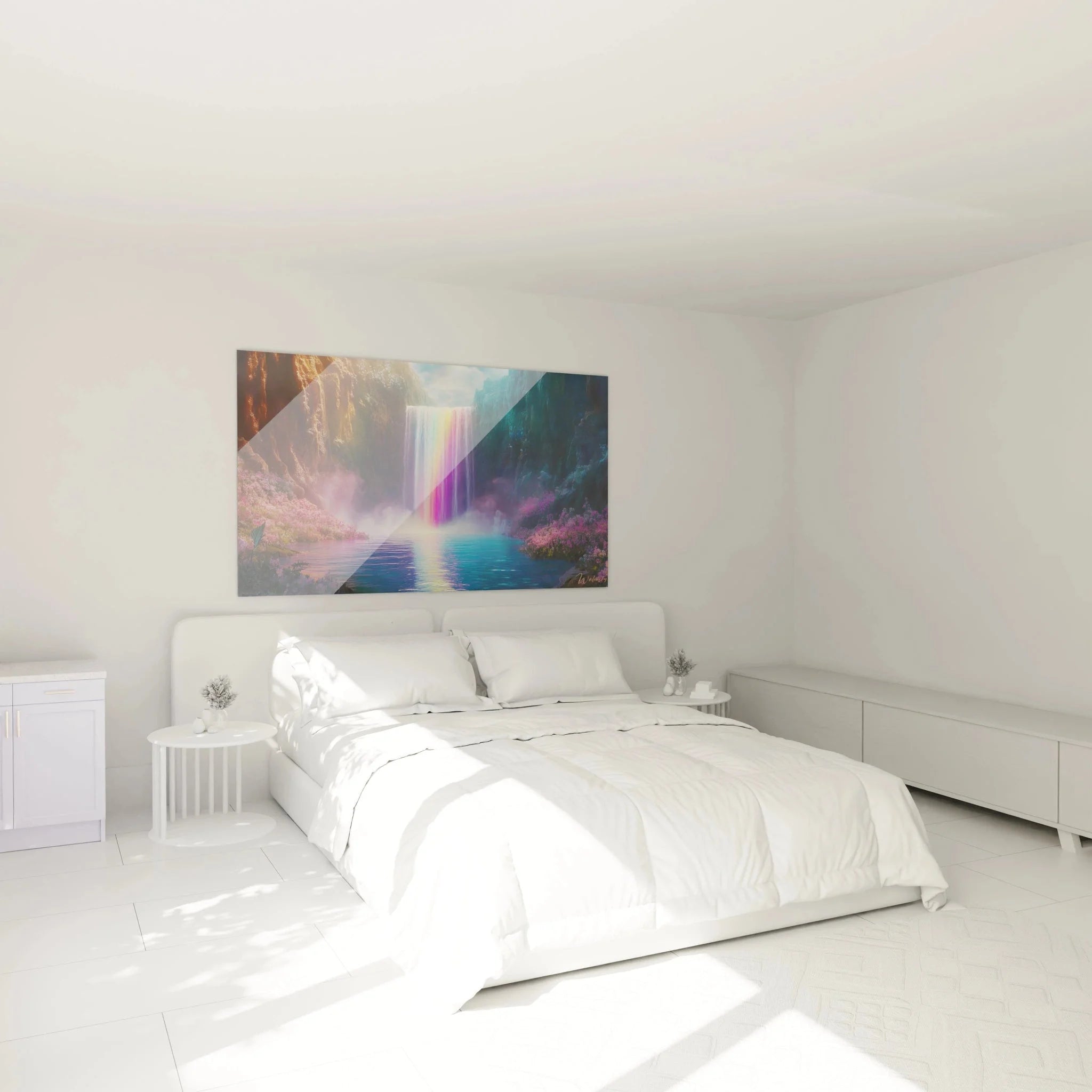 Wandbild Regenbogen Wasserfall in modernem Schlafzimmer - Entspannende Wanddeko Wasserfall XXL