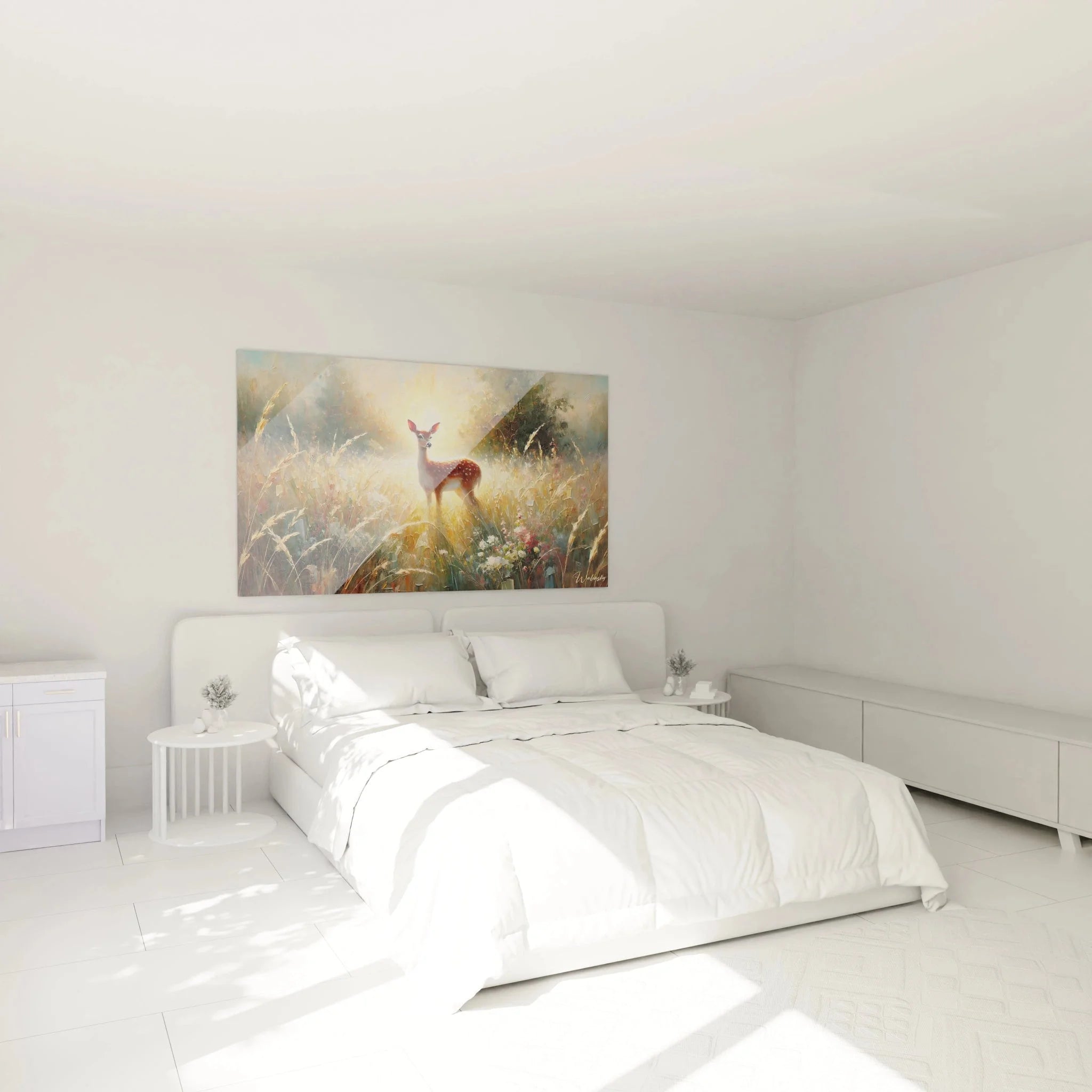 Rehkitz Wandbild XXL in Schlafzimmer Ambiente mit goldenen Farbtönen und Naturmotiv