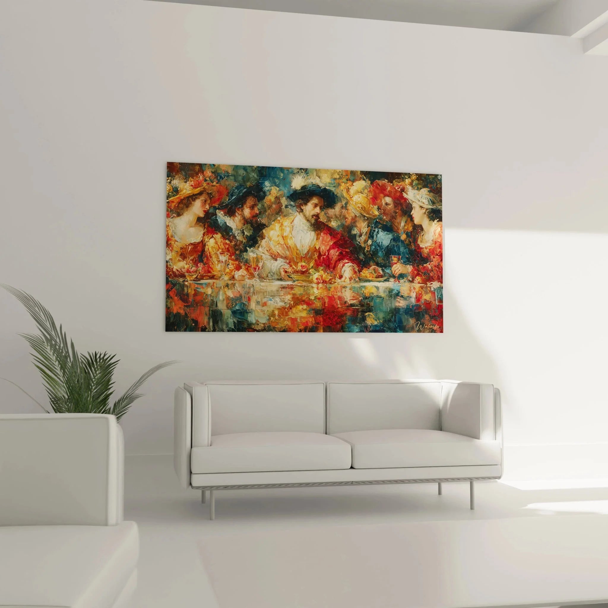 Detailaufnahme des Renaissance Festmahl Wandbildes mit kunstvollen Gesichtszügen und Gewändern