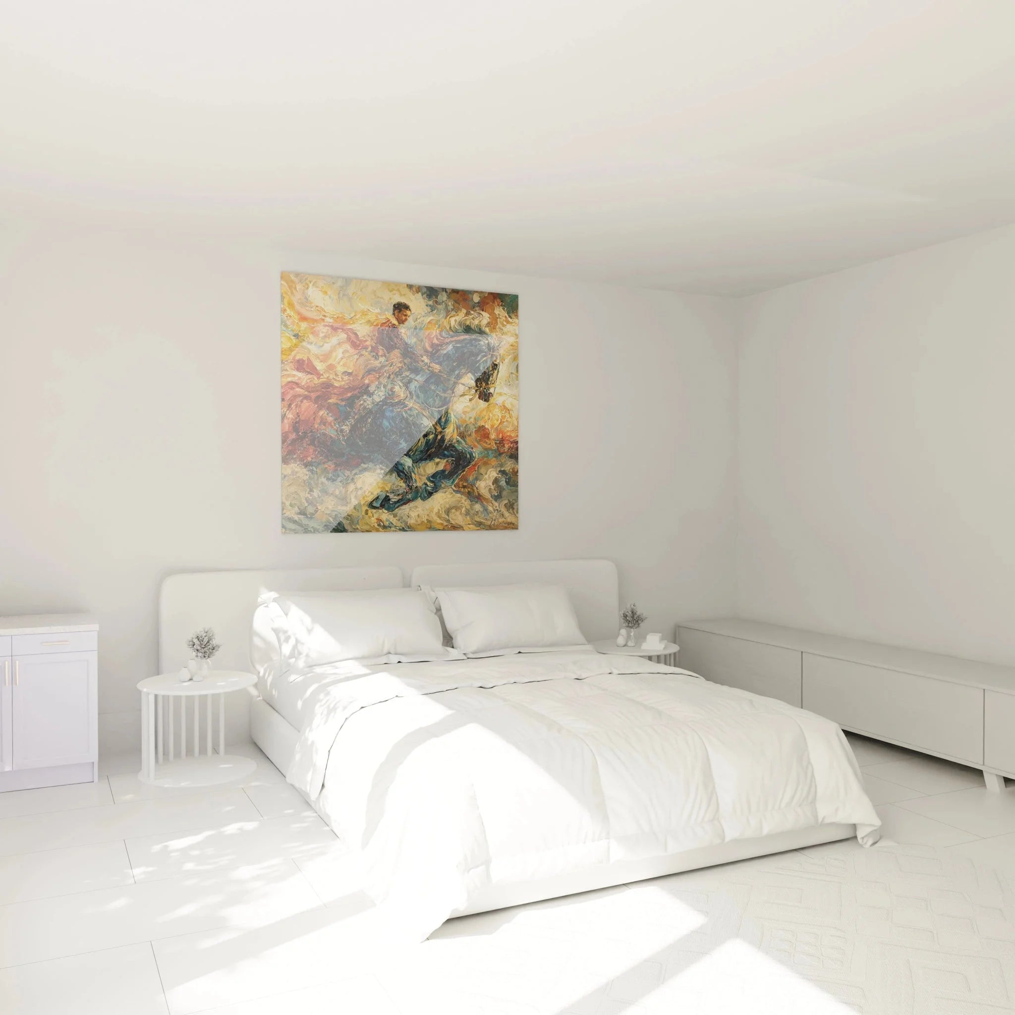 Renaissance Wandbild Reiter Sturm in elegantem Schlafzimmer Ambiente italienischer Stil