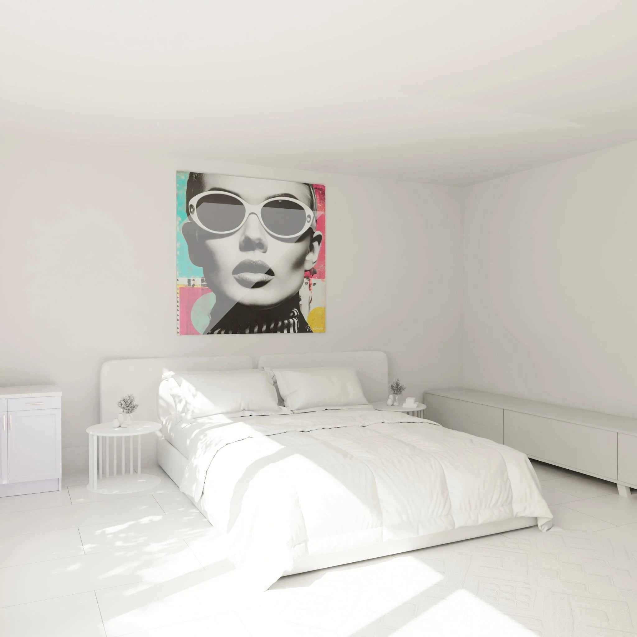 Retro Pop Art Wandbild im Schlafzimmer Ambiente elegante Frau Sonnenbrille Vintage Dekoration